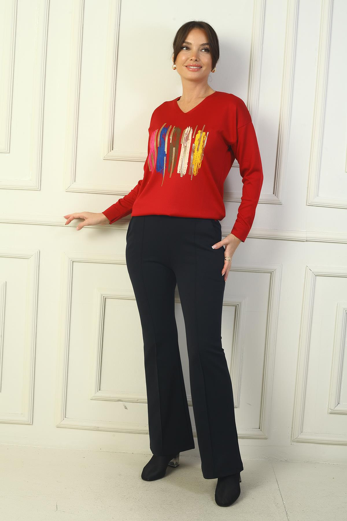 S-24Y1830006Kadın Beli Lastikli Yandan Cepli İspanyol Paça Çımalı Çelik Pantolon