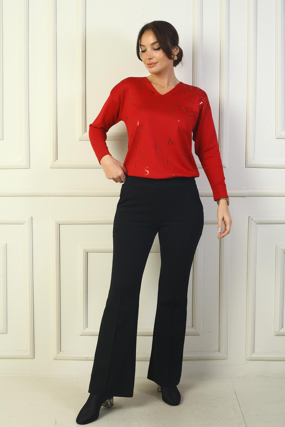 S-24Y1830006Kadın Beli Lastikli Yandan Cepli İspanyol Paça Çımalı Çelik Pantolon