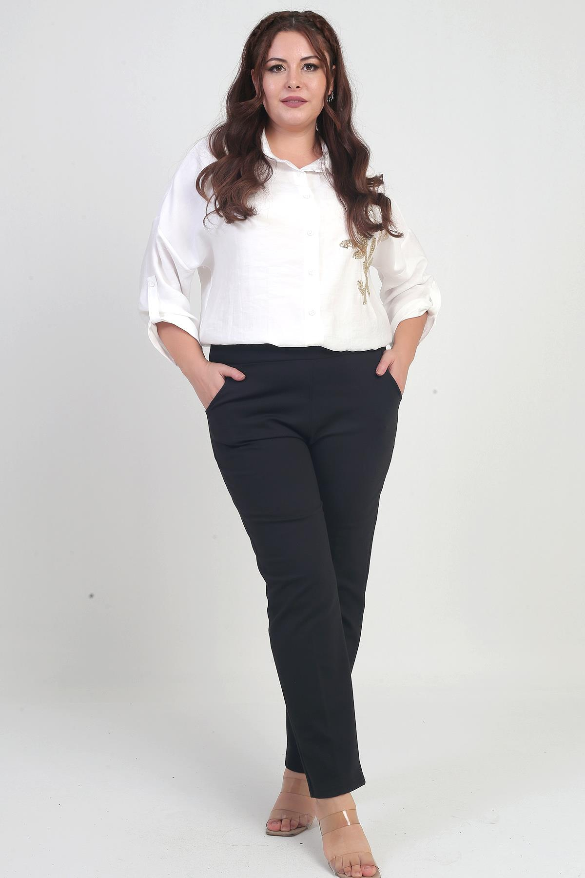 S-24Y1830029Kadın Beli Lastikli Yandan Cepli  Full Likra Çelik Klasik Paça Büyük Beden Pantolon