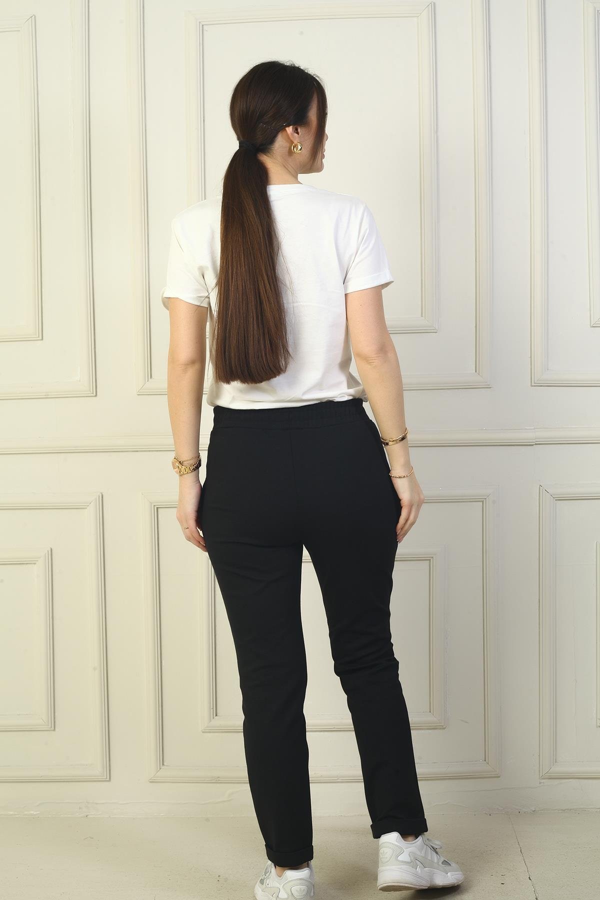 S-24Y1830030Kadın Beli Lastikli Yandan Cepli Full Likra Çelik Duble Paça Pantolon