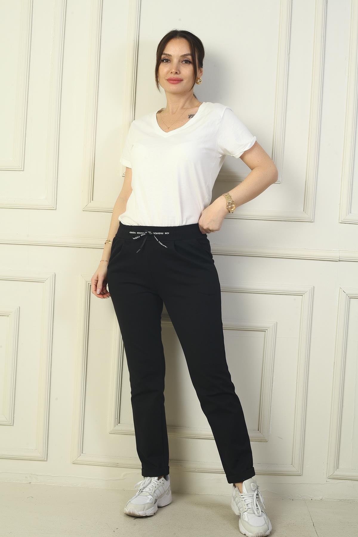 S-24Y1830030Kadın Beli Lastikli Yandan Cepli Full Likra Çelik Duble Paça Pantolon