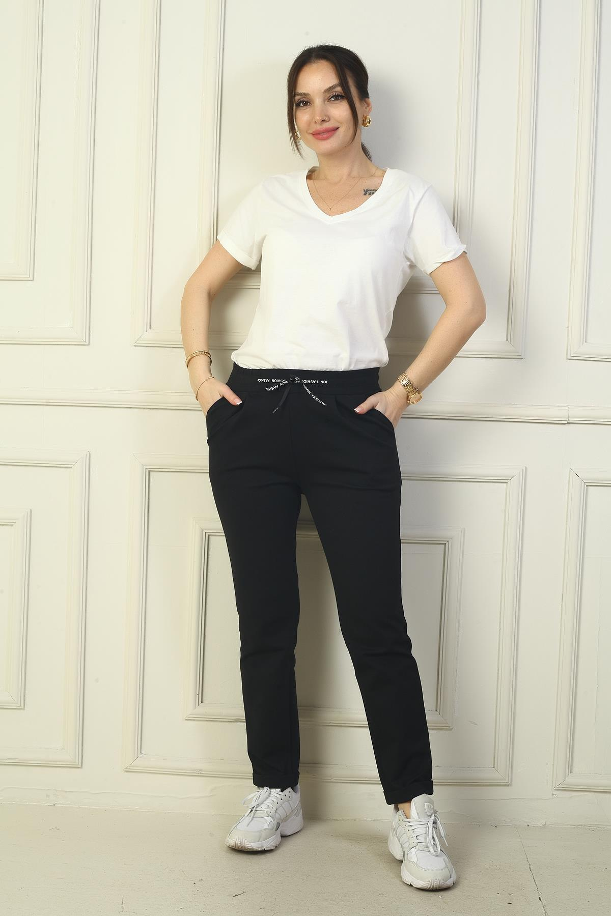 S-24Y1830030Kadın Beli Lastikli Yandan Cepli Full Likra Çelik Duble Paça Pantolon