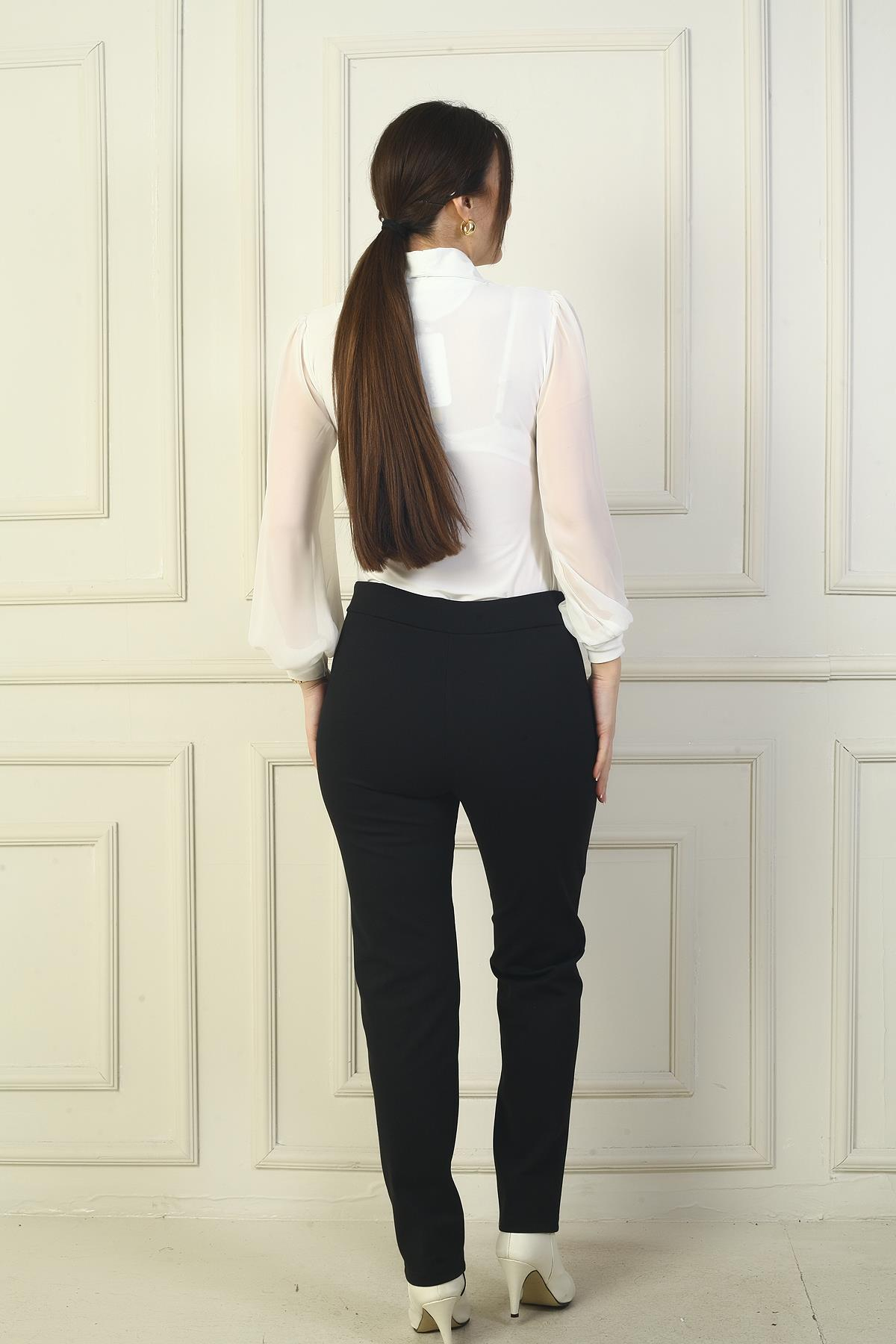 S-24Y1830032Kadın Beli Lastikli Yandan Cepli Çımalı Full Likra Çelik Klasik Paça Pantolon