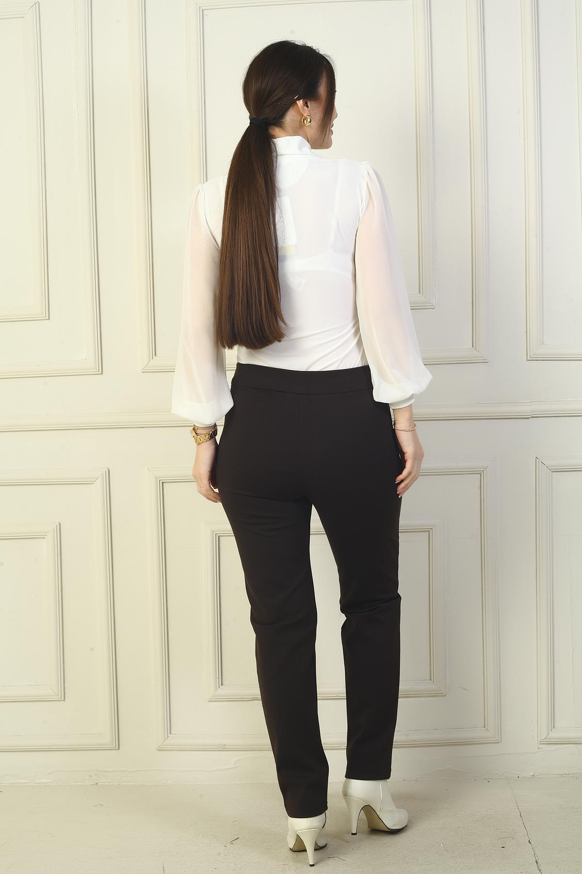 S-24Y1830032Kadın Beli Lastikli Yandan Cepli Çımalı Full Likra Çelik Klasik Paça Pantolon