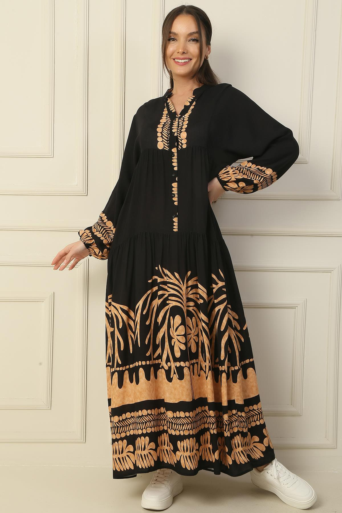 S-24Y2060001Önü Yarım Düğmeli Kolu Lastikli Empirme Tesettür Uzun Elbise