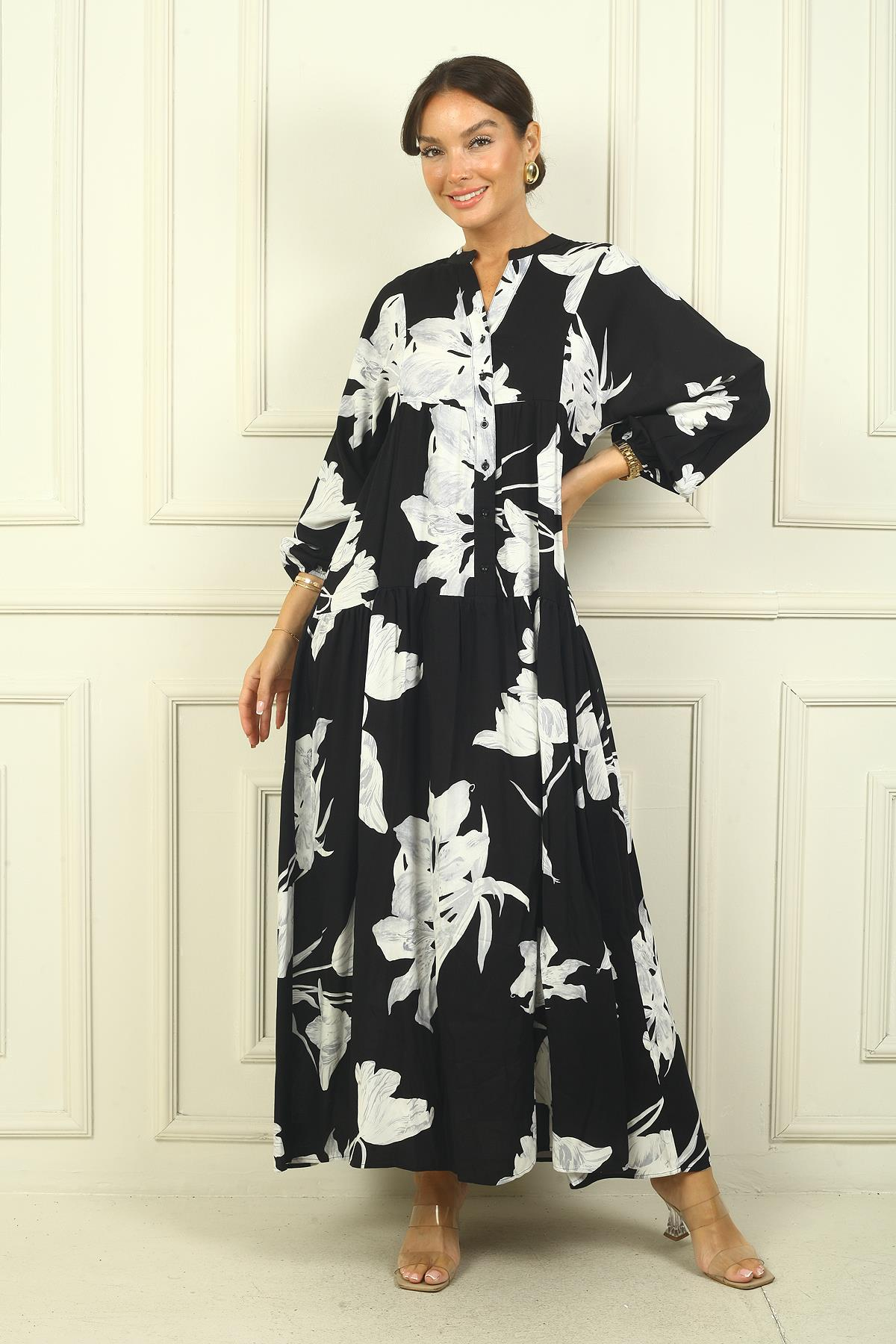 S-24Y2060007Önü Yarım Düğmeli Kolu Lastikli Gül Desen Empirme Tesettür Uzun Elbise