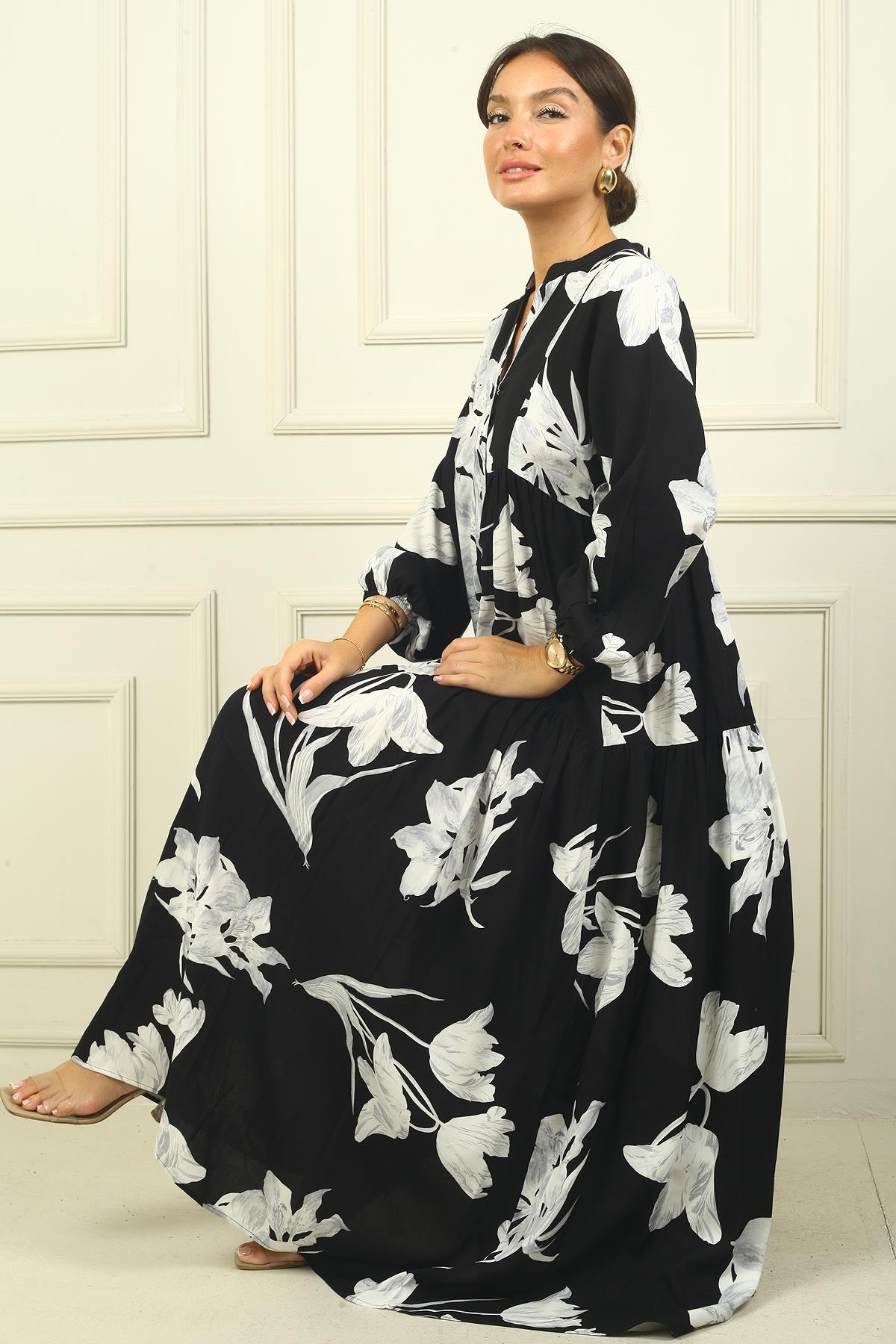 S-24Y2060007Önü Yarım Düğmeli Kolu Lastikli Gül Desen Empirme Tesettür Uzun Elbise