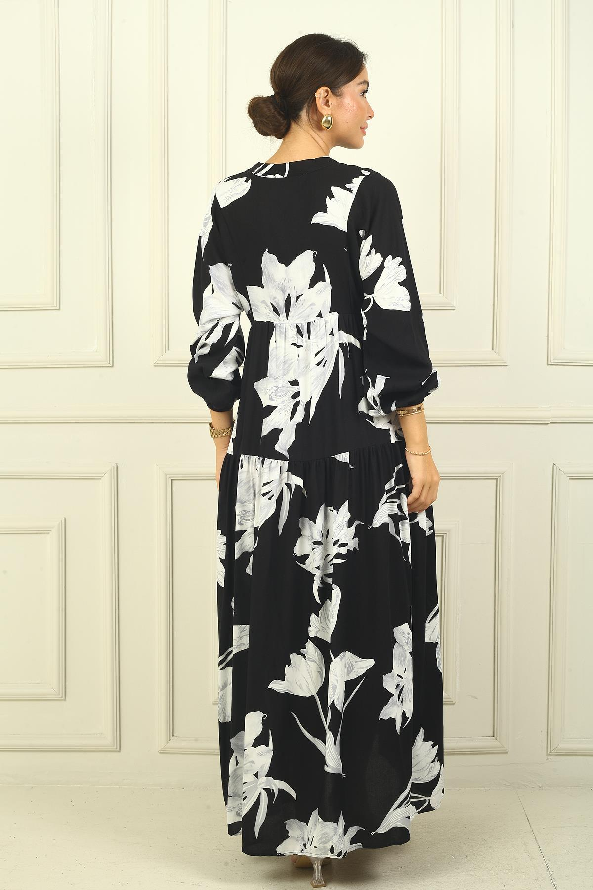 S-24Y2060007Önü Yarım Düğmeli Kolu Lastikli Gül Desen Empirme Tesettür Uzun Elbise