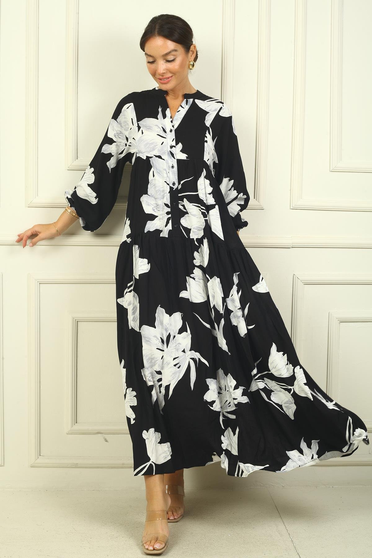 S-24Y2060007Önü Yarım Düğmeli Kolu Lastikli Gül Desen Empirme Tesettür Uzun Elbise