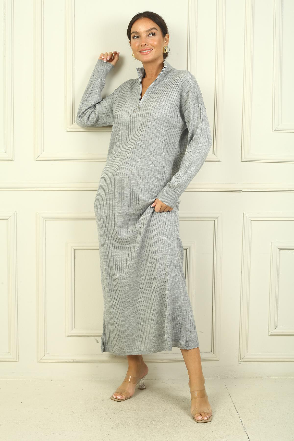 S-24Y2060011Yuvarlak Yaka Yakası Fermuarlı Uzun Kol Triko Elbise