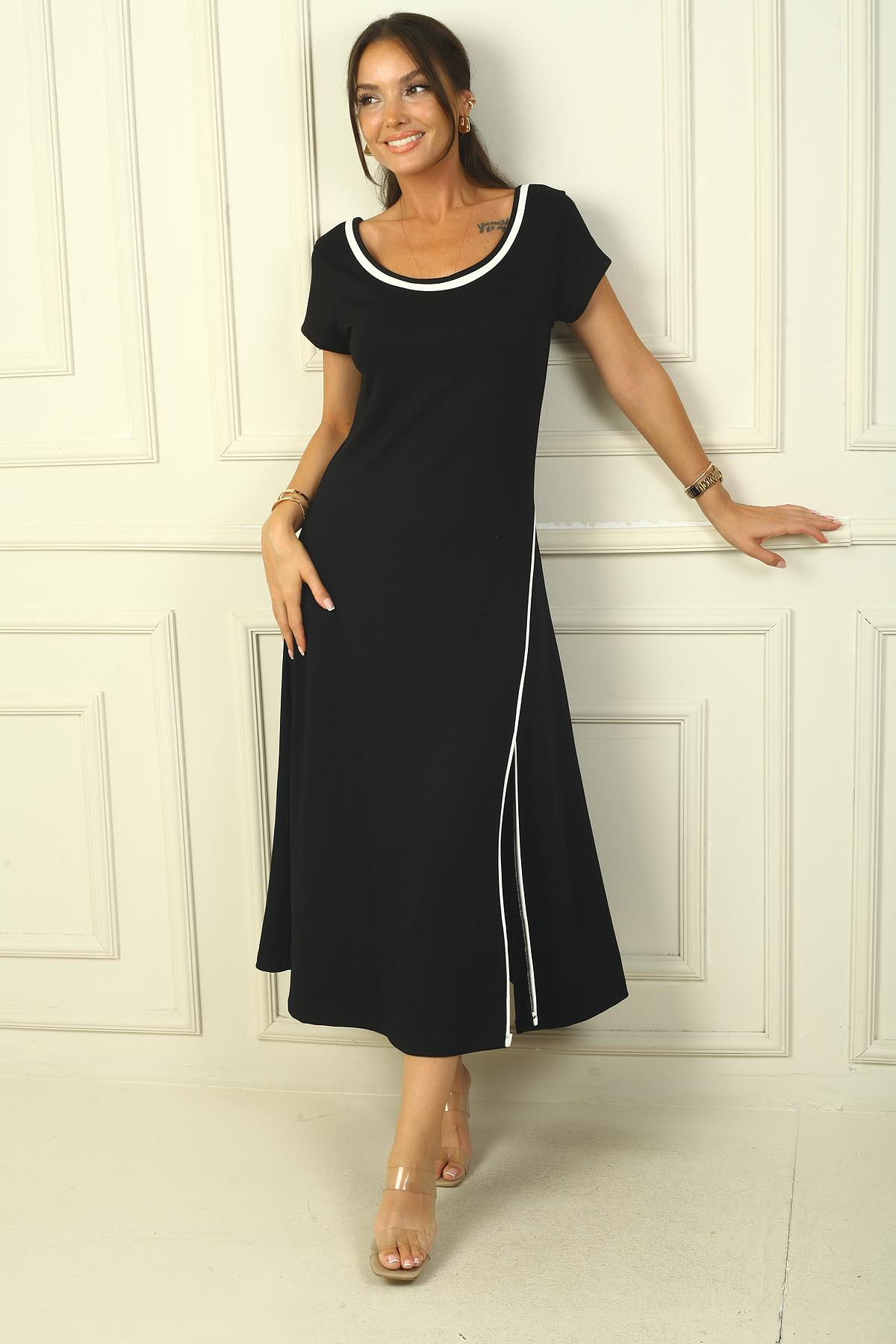 S-24Y2220007Kadın Biyeli Yırmaçlı Dalgıç Uzun Elbise