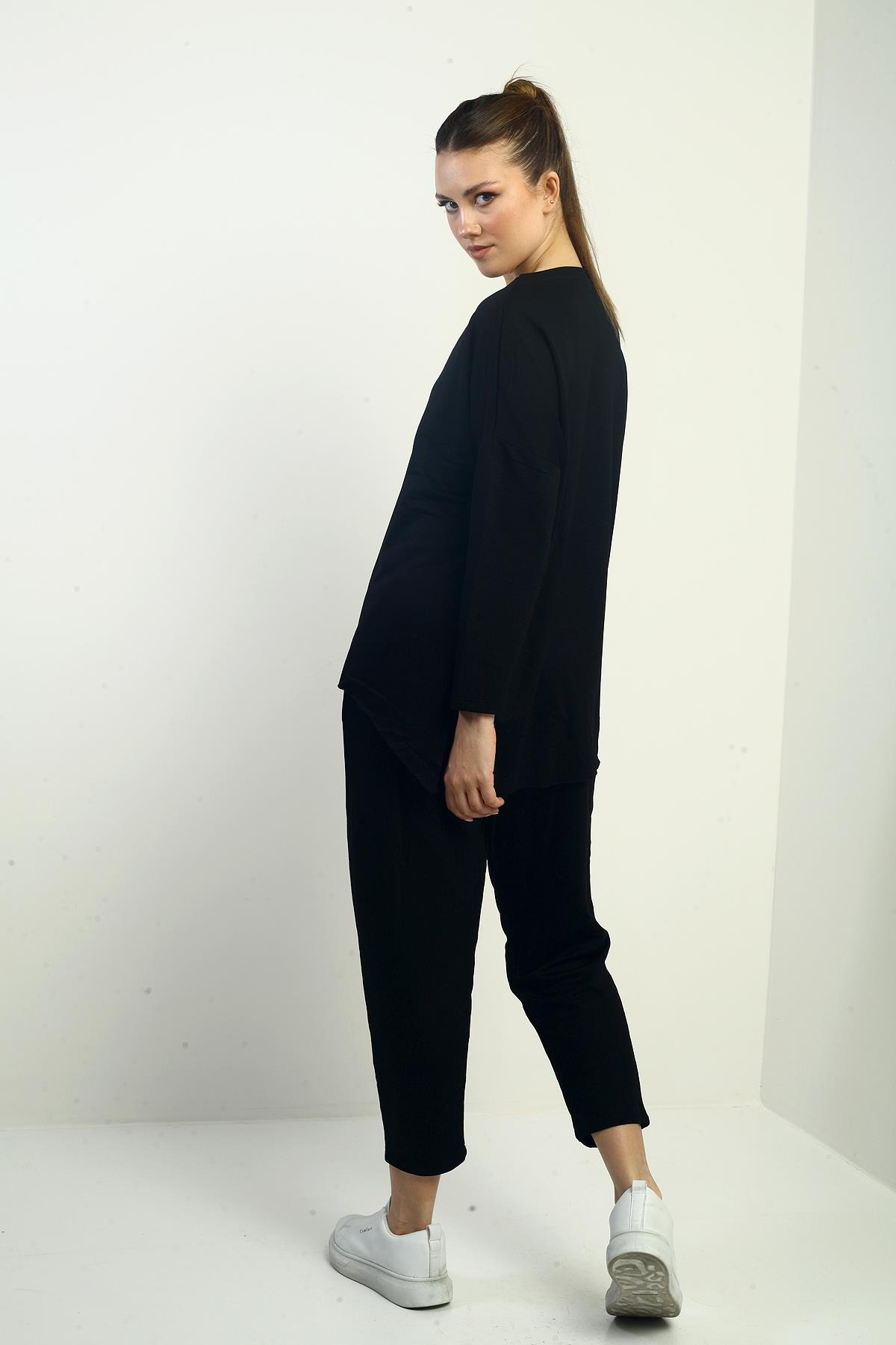 S-24Y2220014Kadın Ön Kısa Arka Uzun YAnları Yırtmaçlı Sweat Beli Lastikli Cepli Pantolon İki İplik 2'li Takım