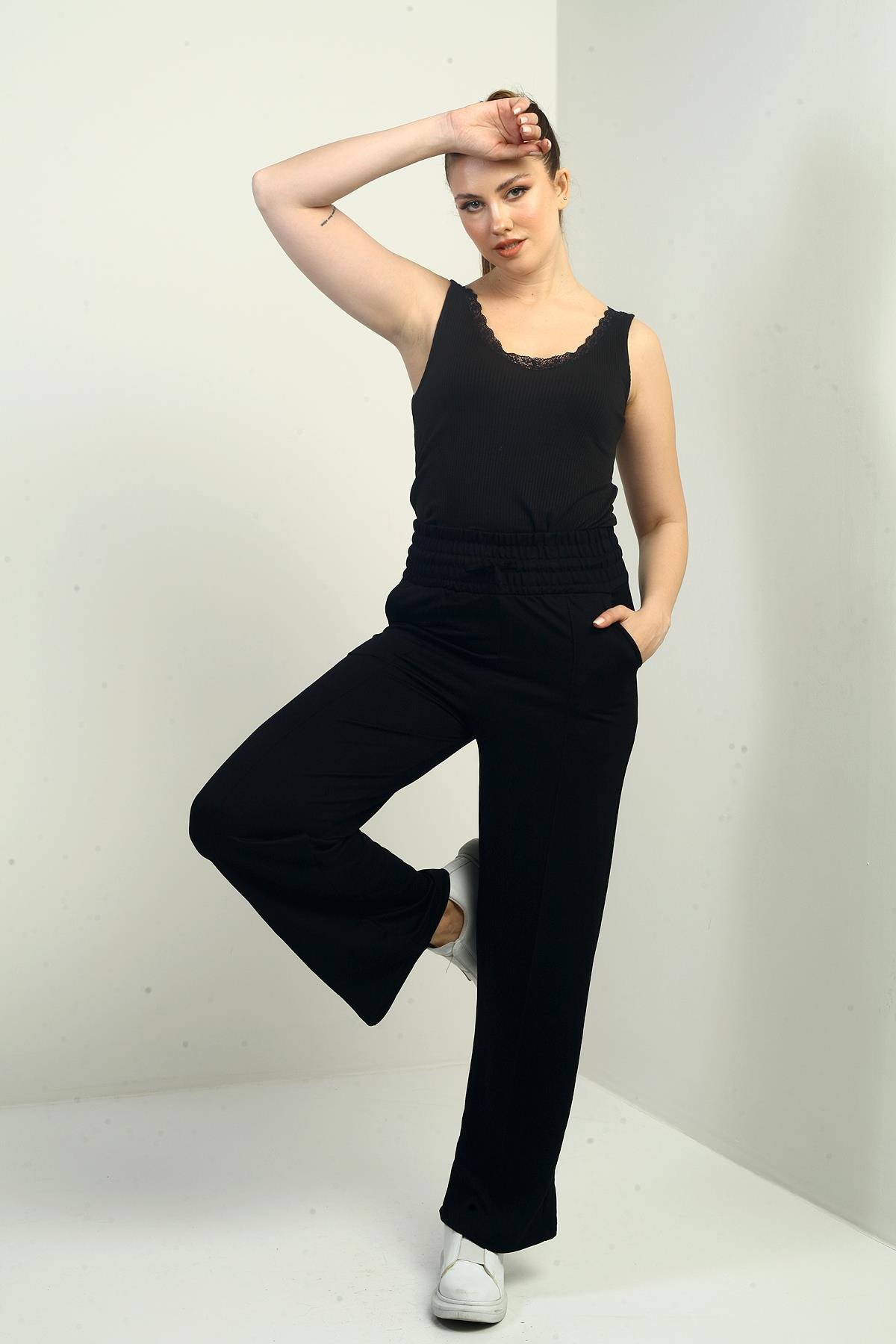 S-24Y2220019Kadın Beli Kalın Lastikli Cepli Çımalı Palazzo Pantolon