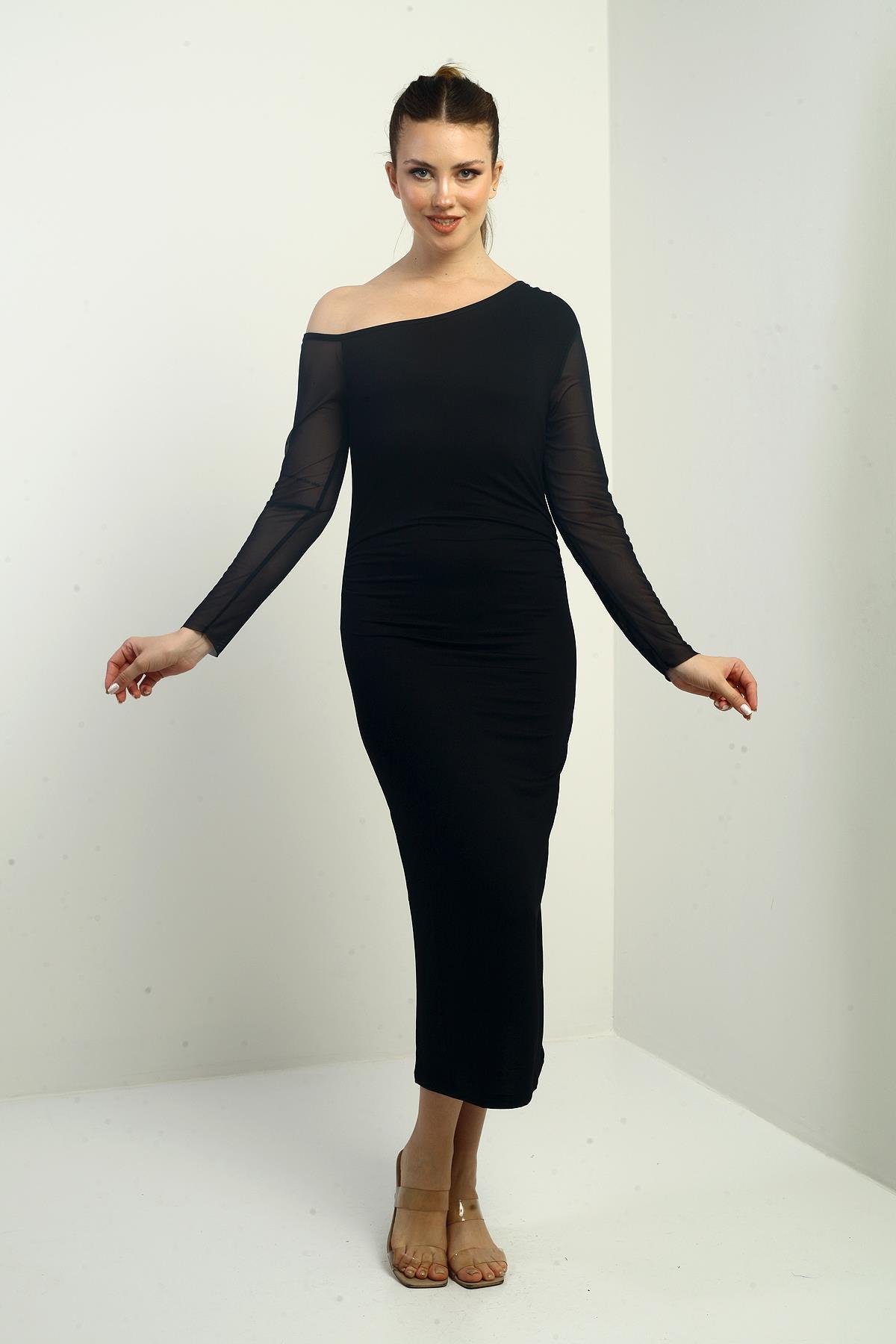 S-24Y2220021Kadın Kristal Rül Kollu Beli Büzgülü Uzun Elbise