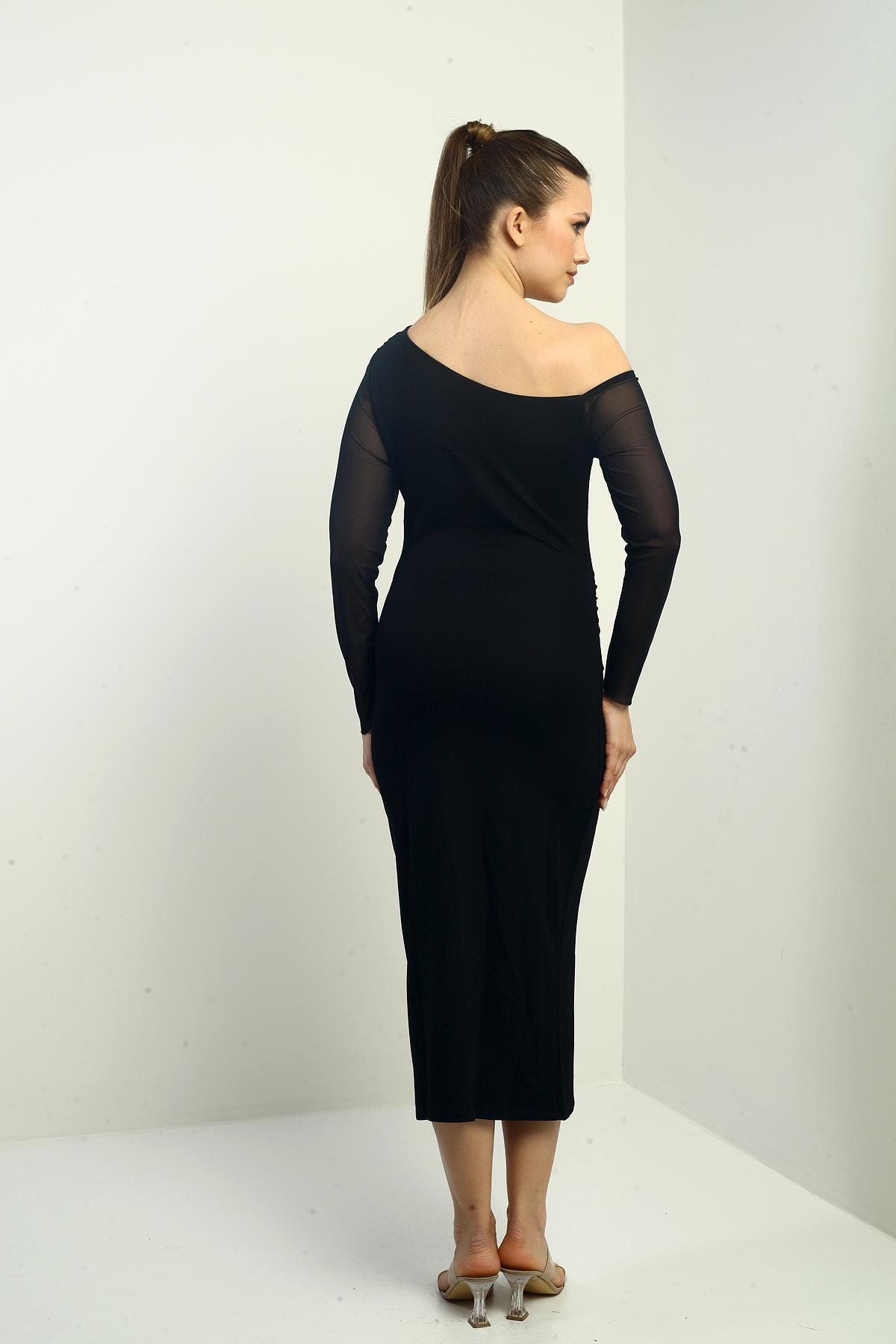 S-24Y2220021Kadın Kristal Rül Kollu Beli Büzgülü Uzun Elbise