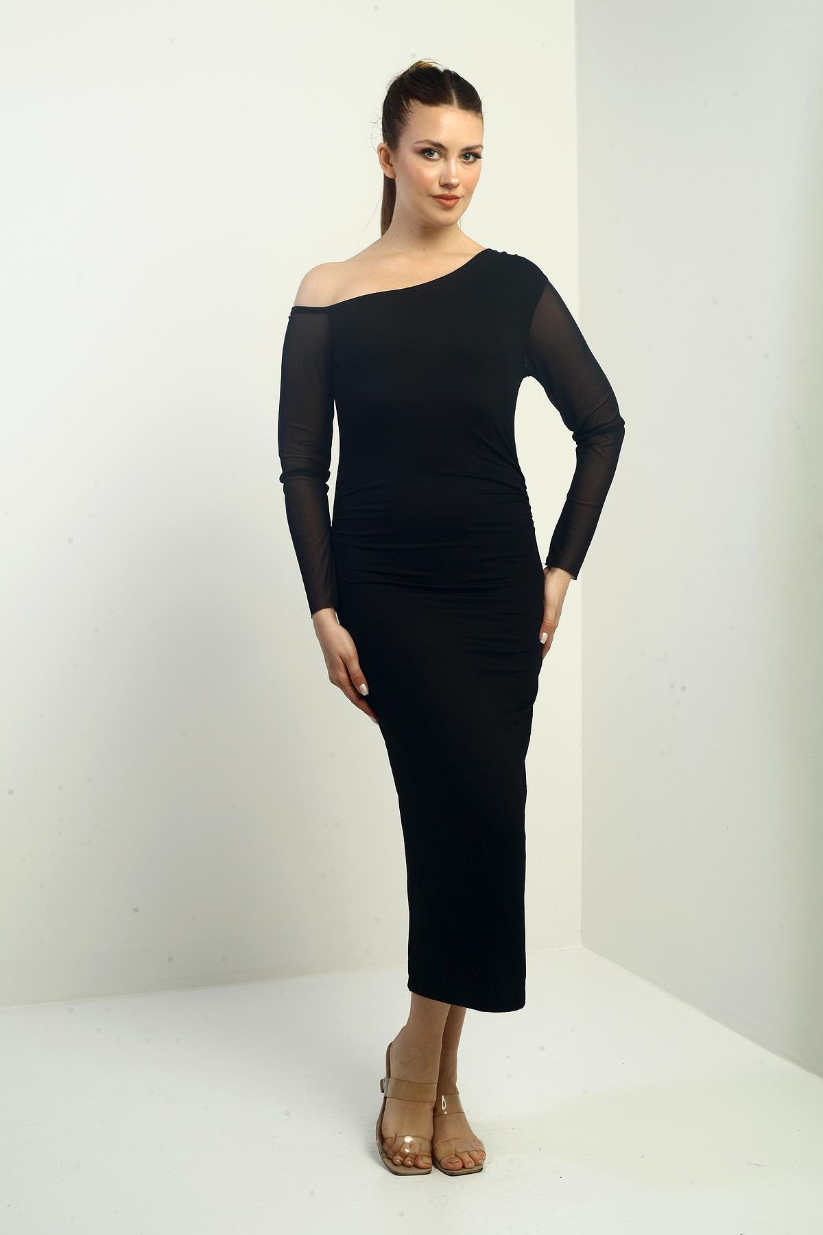 S-24Y2220021Kadın Kristal Rül Kollu Beli Büzgülü Uzun Elbise