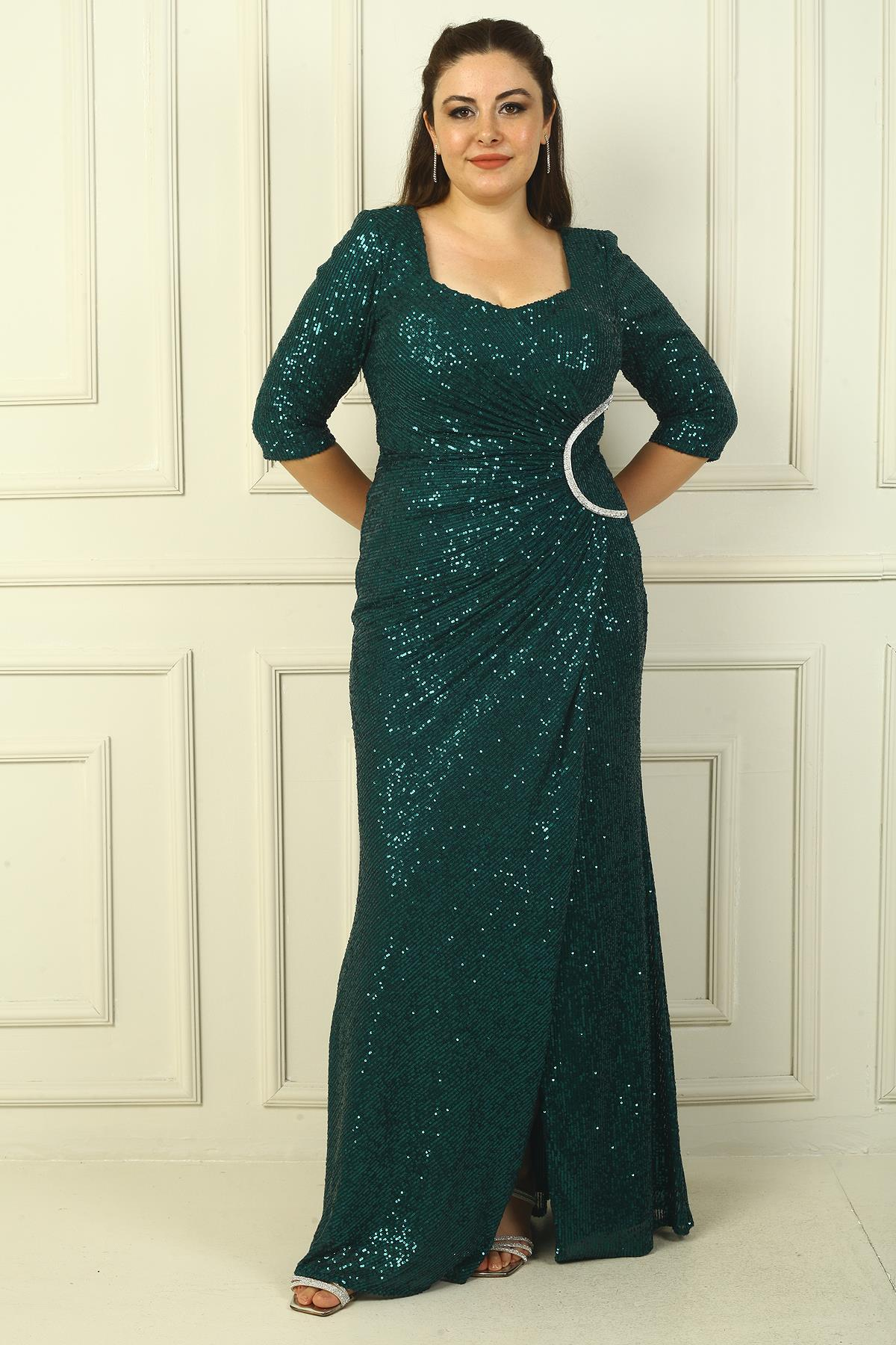 S-24Y2580003Truvakar Kol Astarlı Önü Drapeli Pulpayet Büyük Beden Uzun Elbise