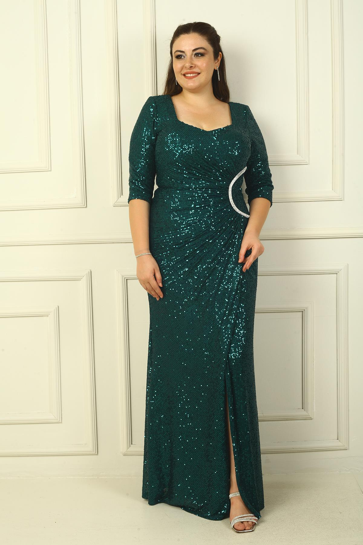 S-24Y2580003Truvakar Kol Astarlı Önü Drapeli Pulpayet Büyük Beden Uzun Elbise