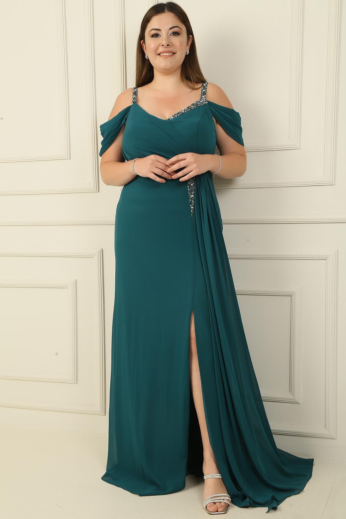 S-24Y2580004Stone Oversized Dress With Straps Chiffon Long Sleeve With Strap Detail At The Lower Wipes Yirmacli