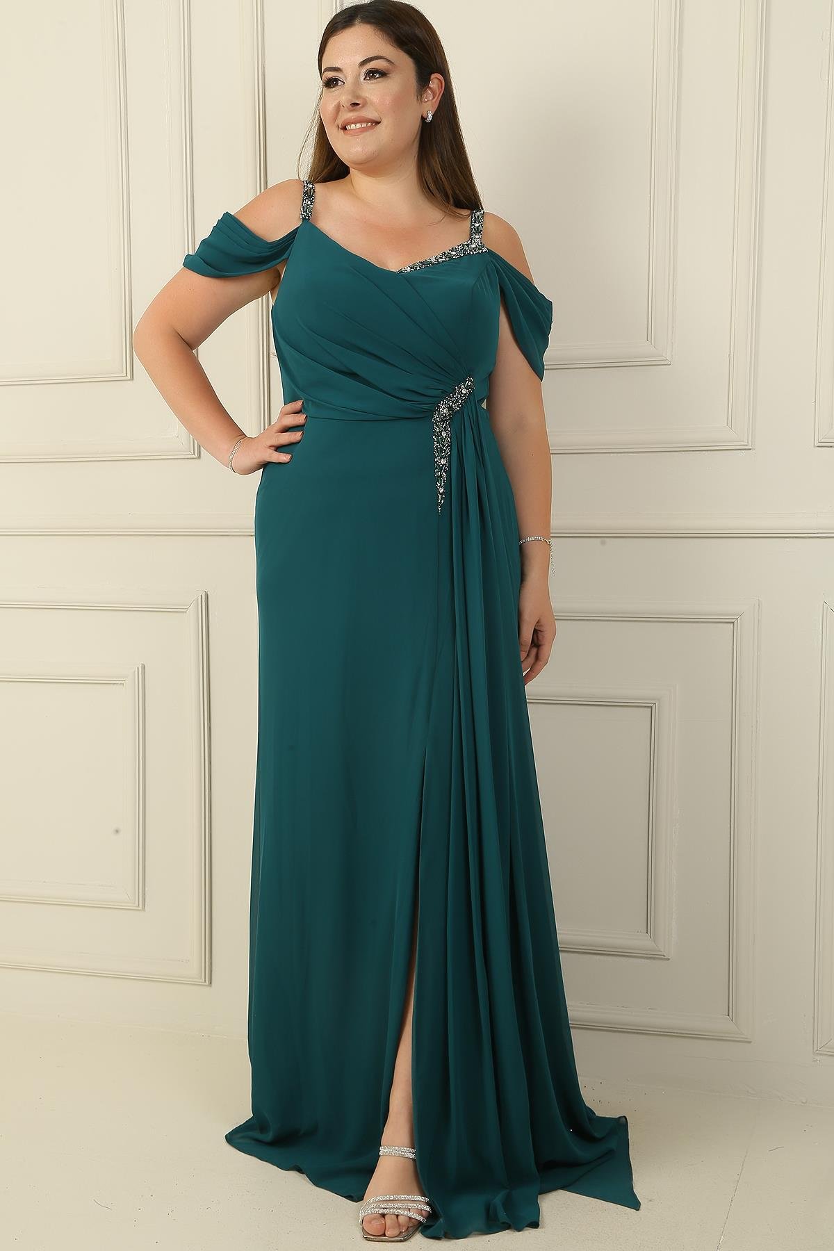 S-24Y2580004Stone Oversized Dress With Straps Chiffon Long Sleeve With Strap Detail At The Lower Wipes Yirmacli