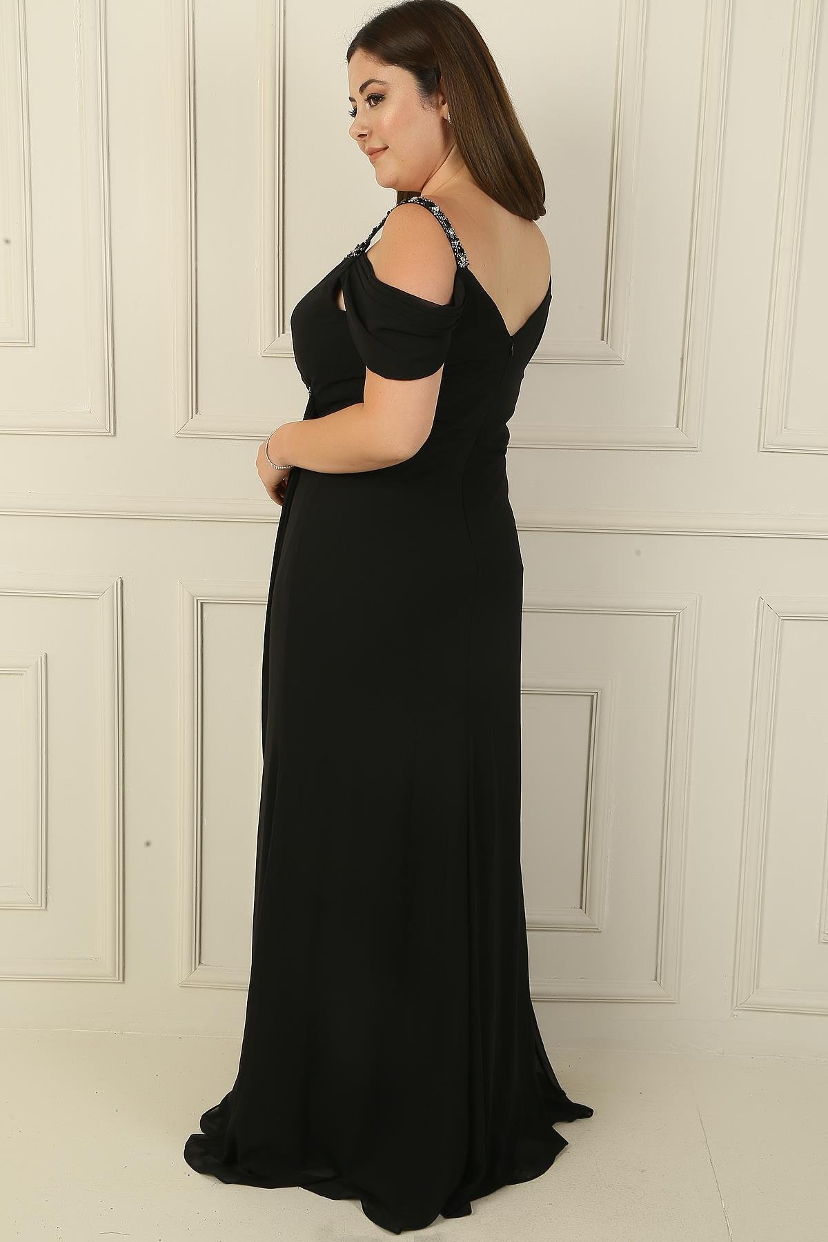 S-24Y2580004Taş Detay Askılı Düşük Kol Yanı Mendil Yırmaçlı Askılı Büyük Beden Şifon Uzun Elbise