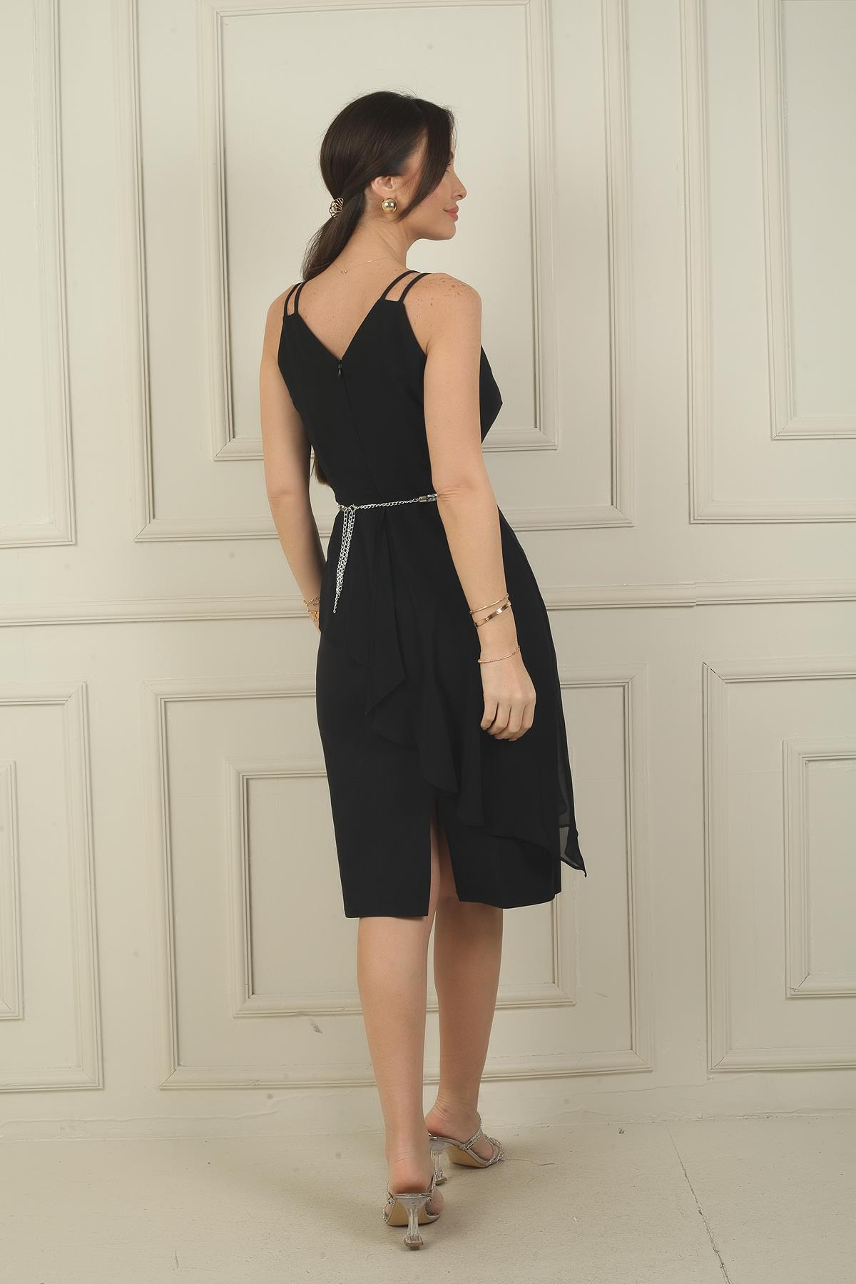 S-24Y2580026Kadın Çift İp Askılı Üstü Şifon Kemerli Kısa Krep Elbise