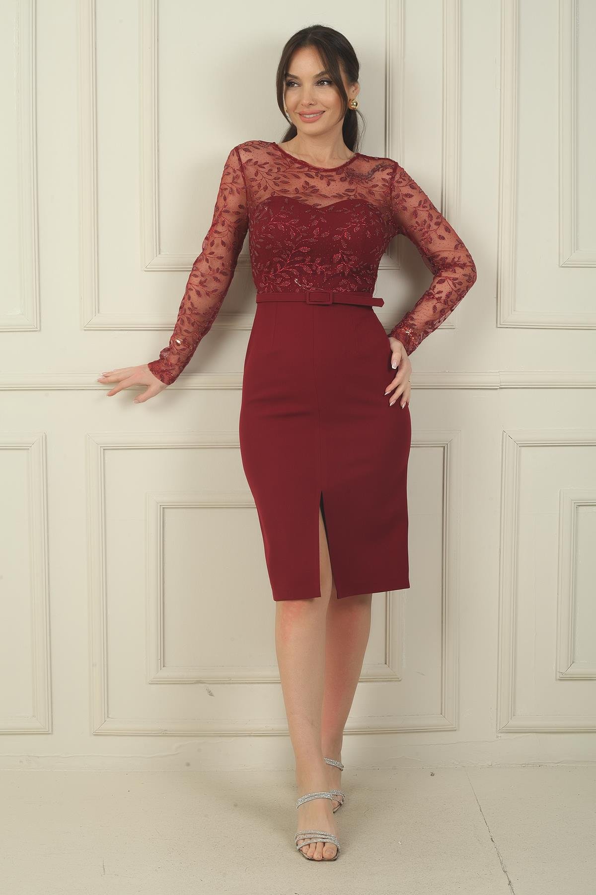 S-24Y2580028Kadın Üstü Tül Yaprak Flok Baskılı Kemerli Kısa Krep Elbise