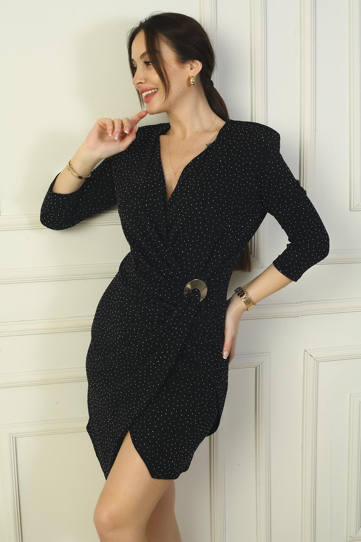 S-24Y2580036Kadın Kruvaze Yaka Astarlı Boncuklu Likralı Kısa Elbise