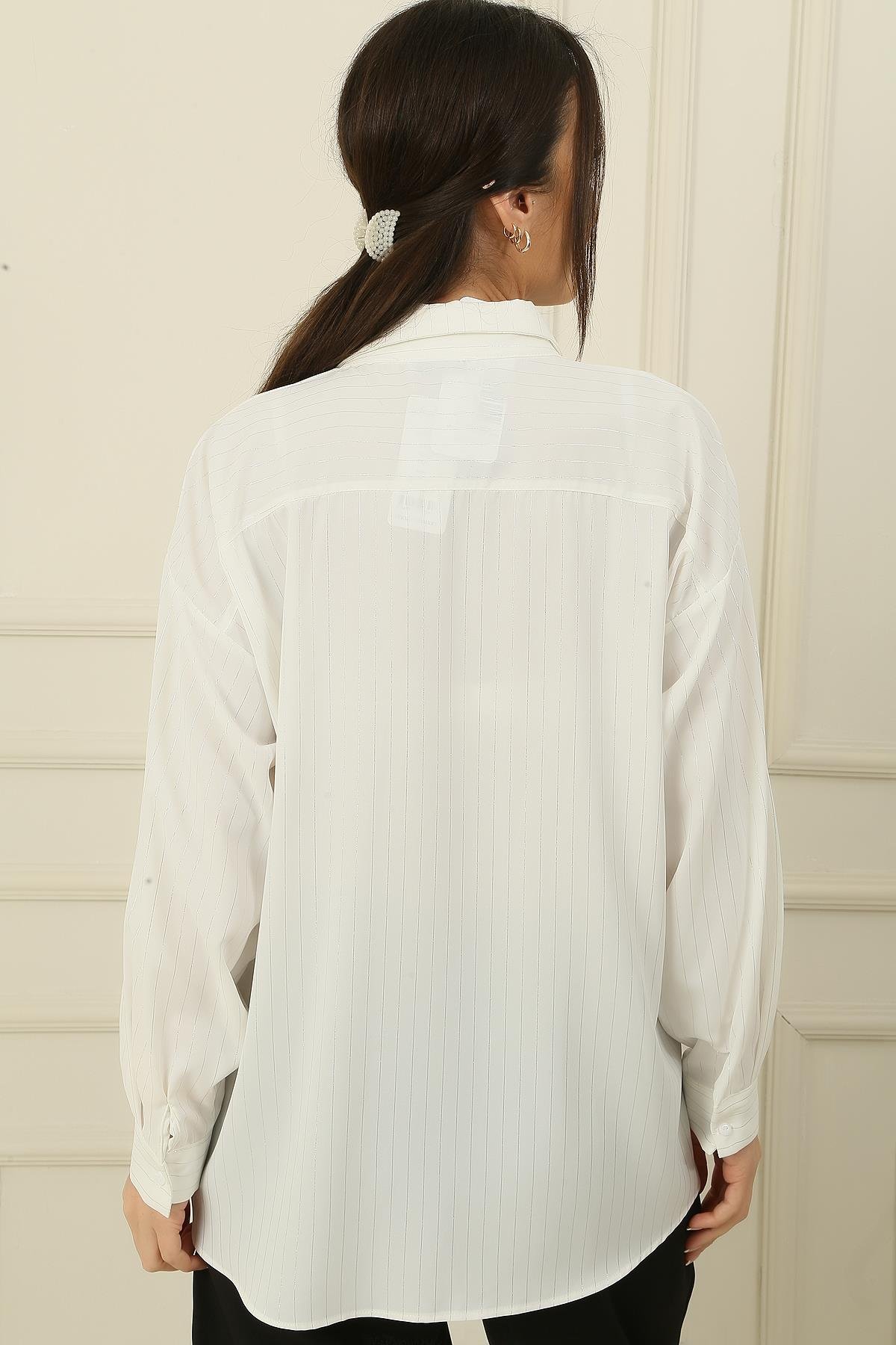 S-24Y2800004Simli İpli Çizgili Rahat Kalıp Gömlek