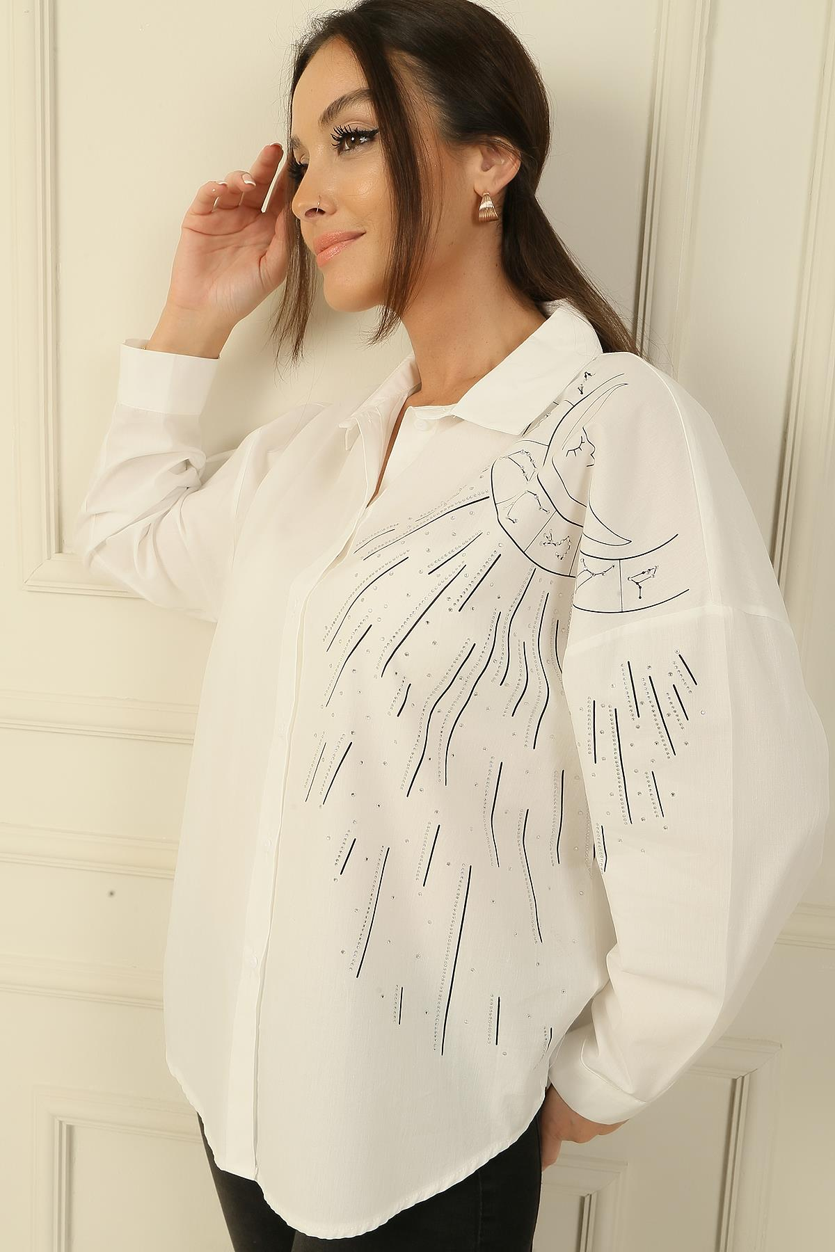 S-24Y2800007Baskı Taş Detaylı Gömlek
