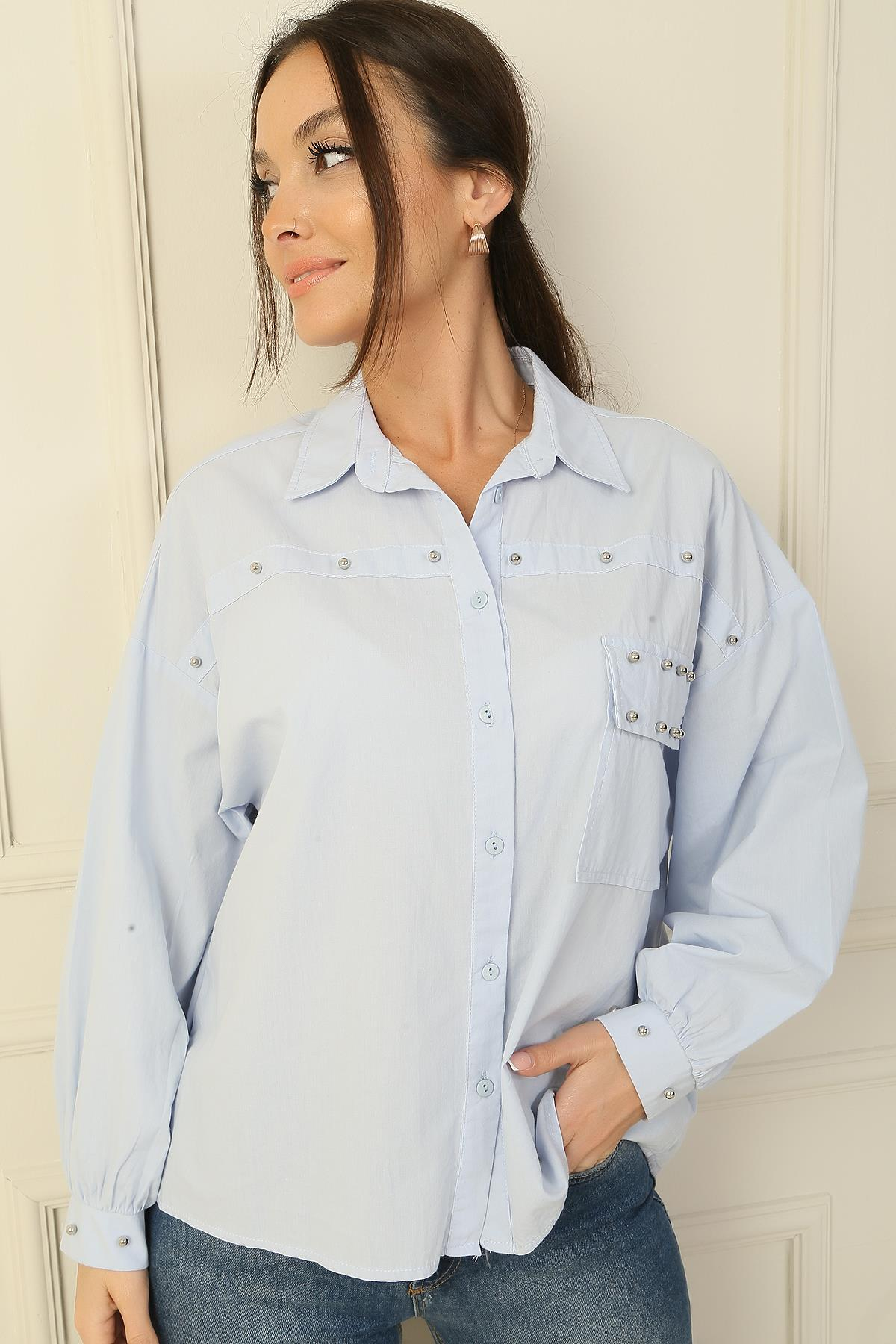 S-24Y2800009Taş Zımba Detaylı Keten Gömlek