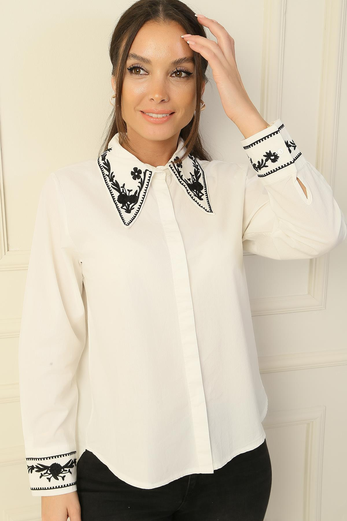S-24Y2800010Yakası Ve Kolları Nakış İşlemeli Gömlek