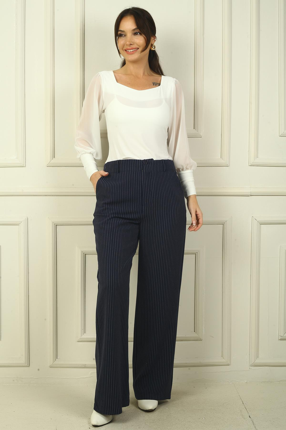 S-24Y2800018Kadın Yandan Cepli Boyuna Çizgili Palazzo Pantolon