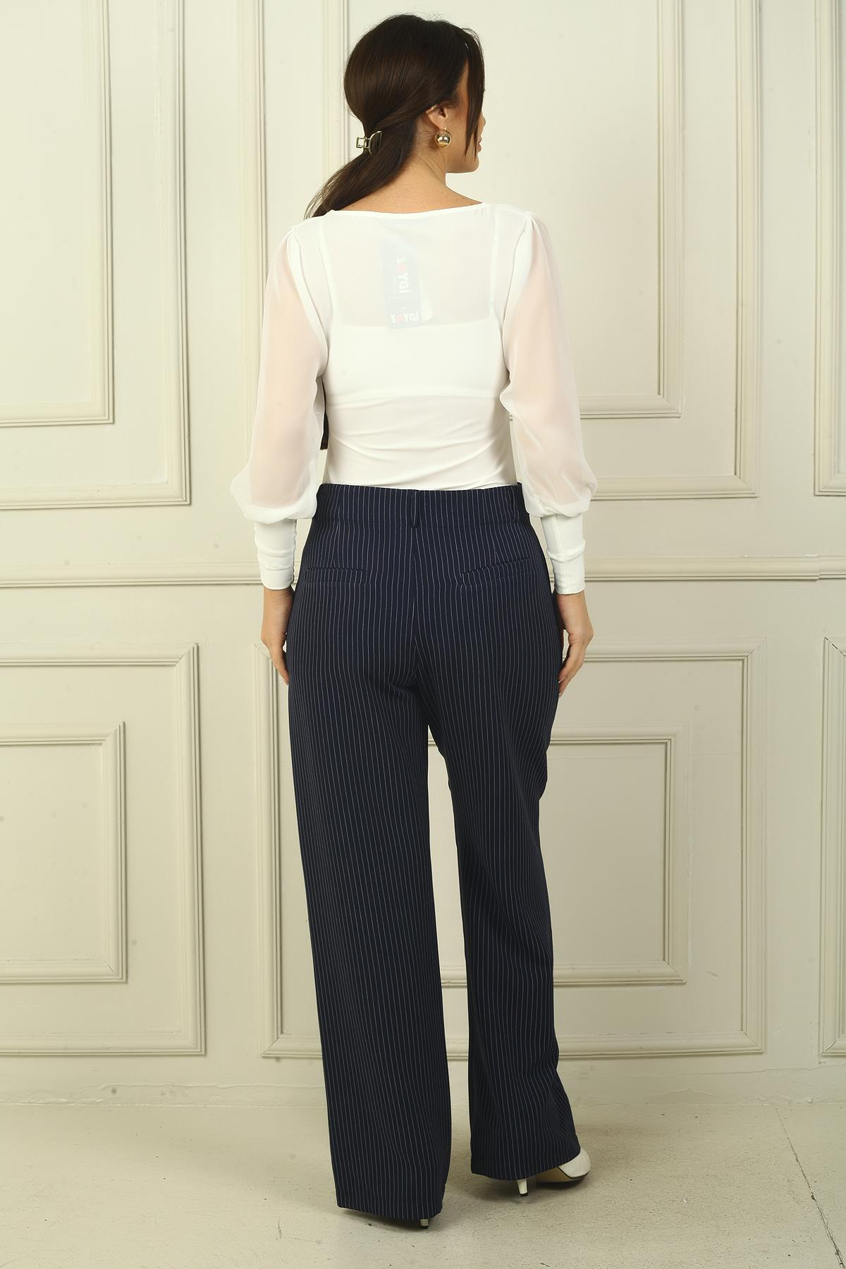 S-24Y2800018Kadın Yandan Cepli Boyuna Çizgili Palazzo Pantolon