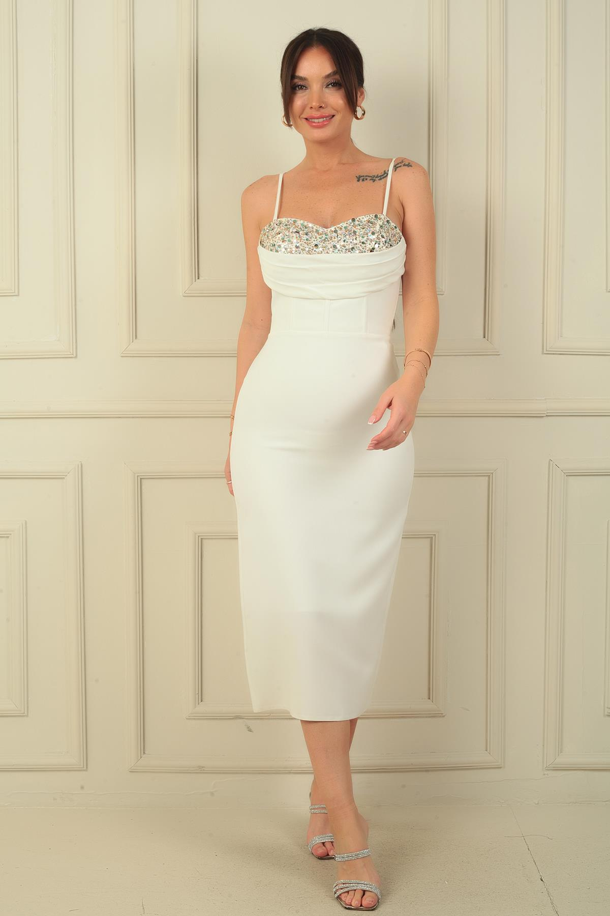 S-24Y3050006Kadın İp Askılı Göğüs Pulpayet Astarlı Balenli Midi Elbise