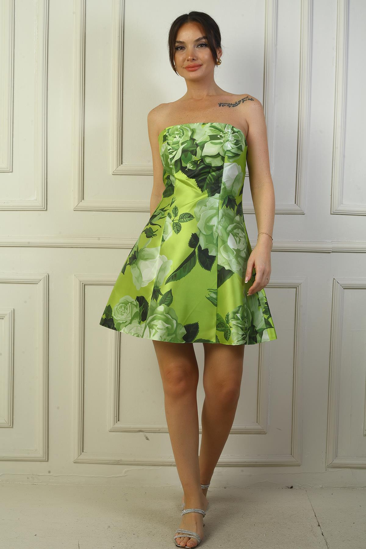 S-24Y3050009Kadın Straplez Astarlı Kısa Çiçekli Elbise