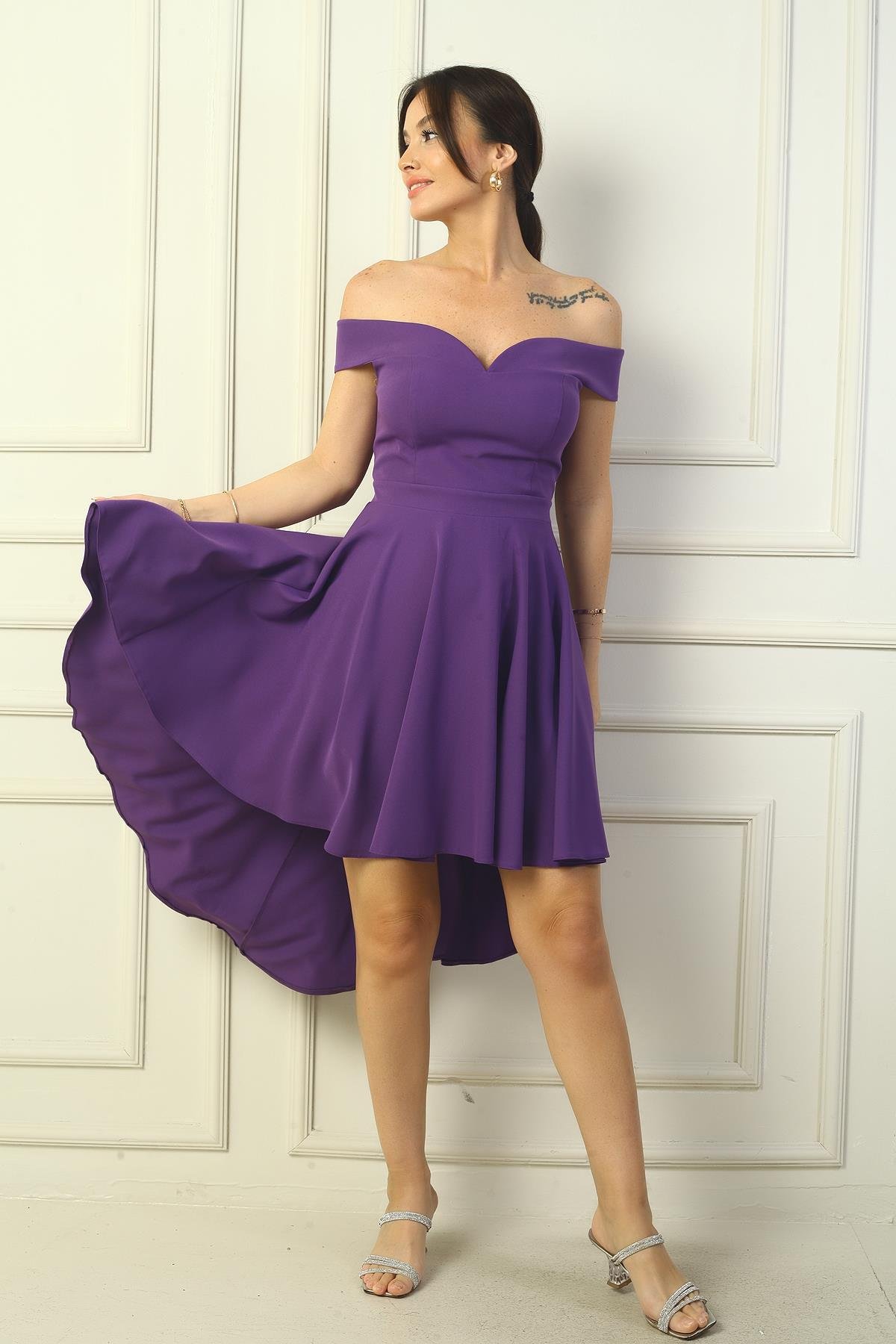 S-24Y3050010Kadın Madonna Yaka Ön Kısa Arka Uzun Astarlı Kloş Krep Kısa Elbise