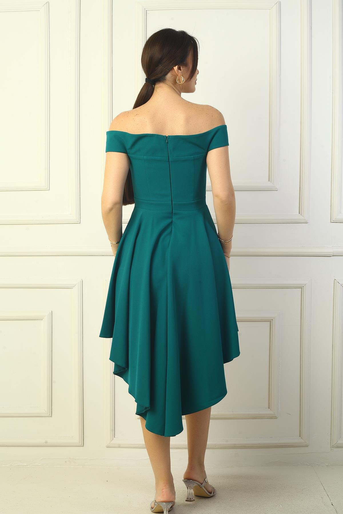 S-24Y3050010Kadın Madonna Yaka Ön Kısa Arka Uzun Astarlı Kloş Krep Kısa Elbise