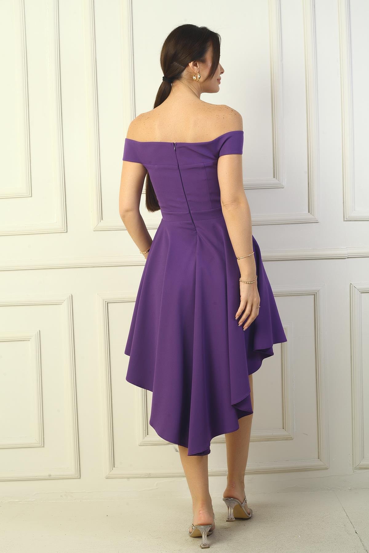 S-24Y3050010Kadın Madonna Yaka Ön Kısa Arka Uzun Astarlı Kloş Krep Kısa Elbise