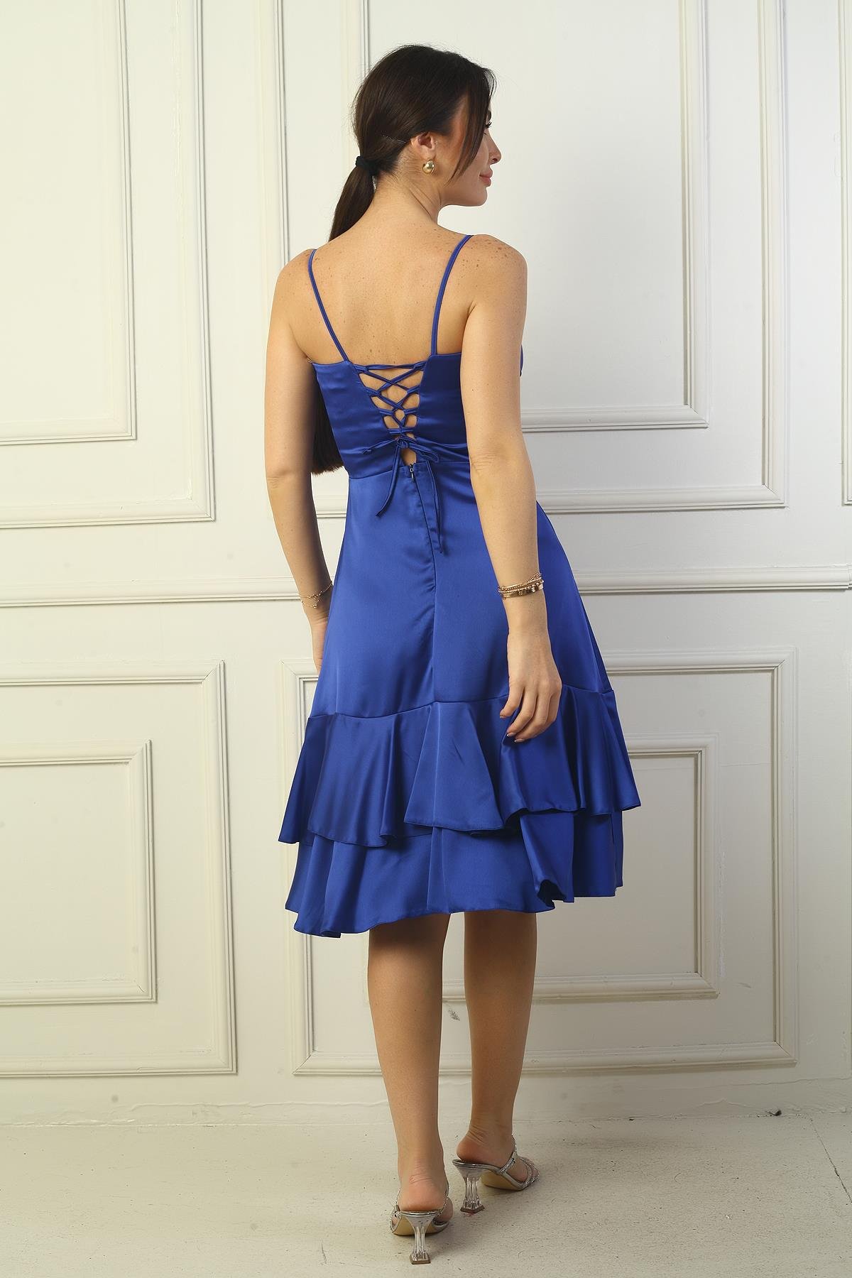 S-24Y3050013Kadın İp Askılı Önü Drapeli Astarlı Eteği Çift Kat Volanlı Saten Elbise