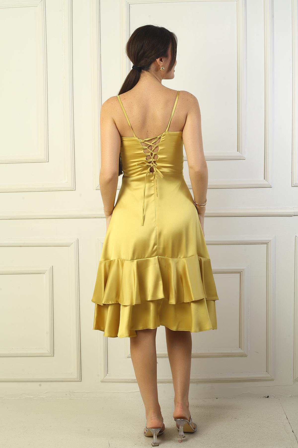 S-24Y3050013Kadın İp Askılı Önü Drapeli Astarlı Eteği Çift Kat Volanlı Saten Elbise