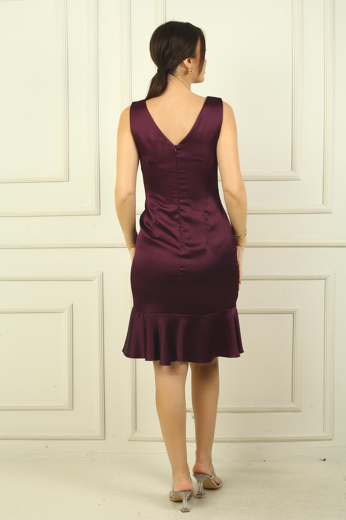 S-24Y3050015Kadın Kruvaze Yaka Astarlı Önü Drapeli Önü Volanlı Saten Kısa Elbise