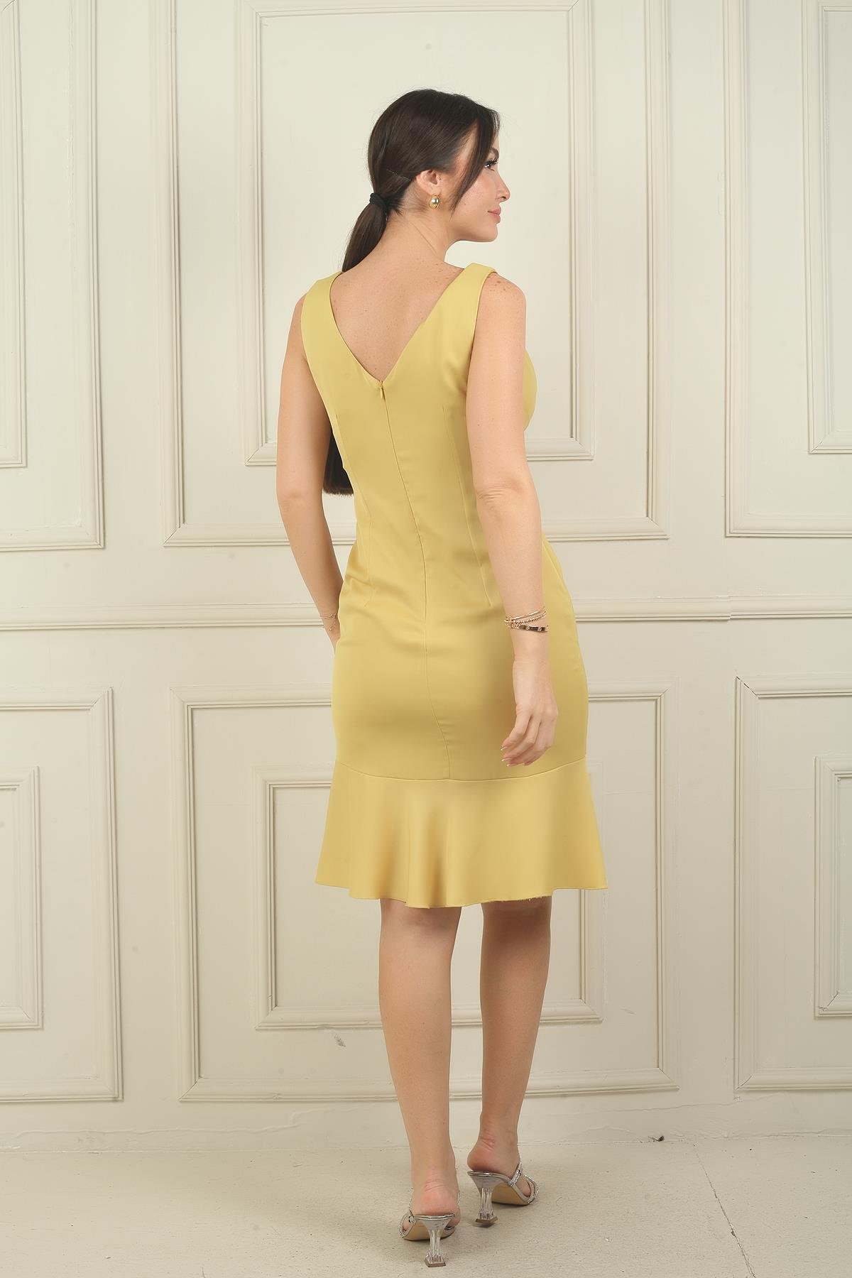 S-24Y3050015Kadın Kruvaze Yaka Astarlı Önü Drapeli Önü Volanlı Saten Kısa Elbise