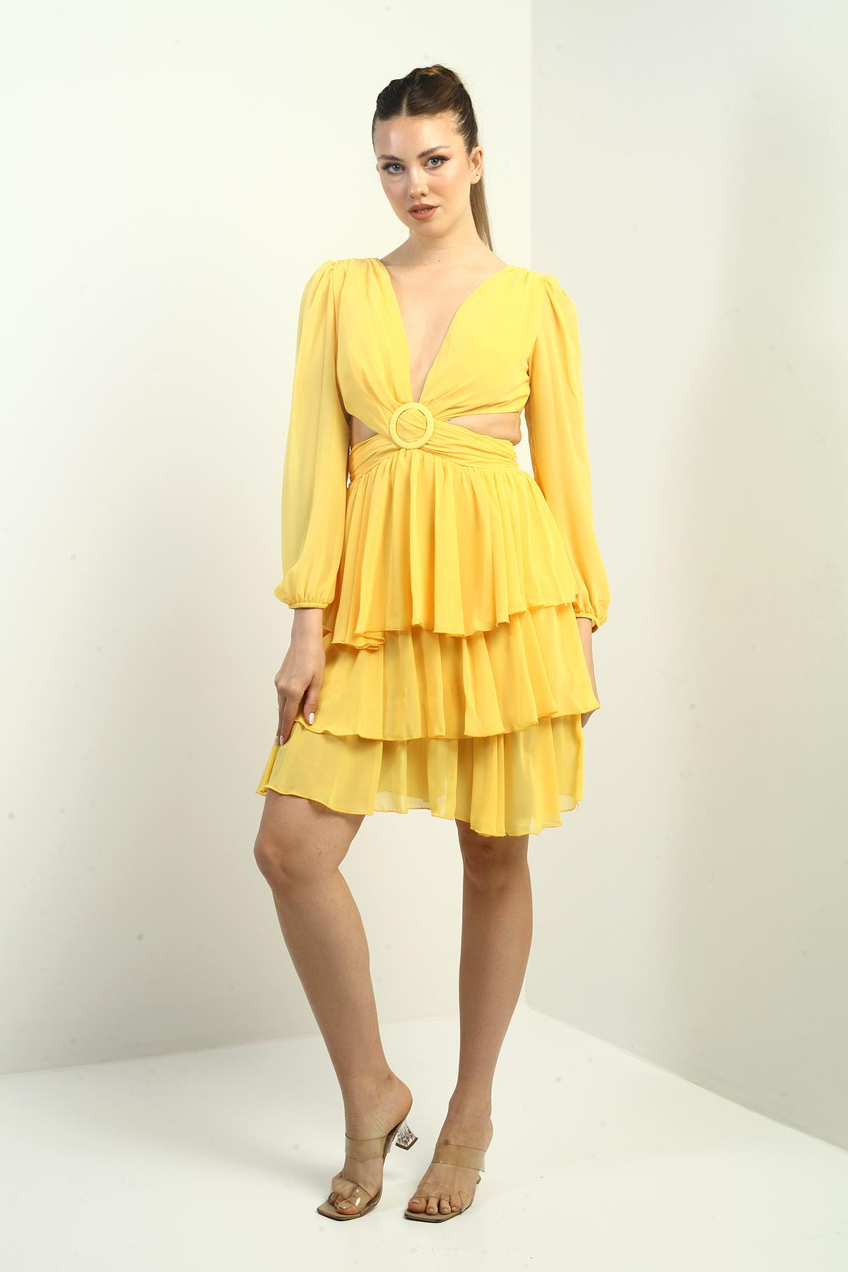 S-24Y3050016Kadın Ön Arka V Yaka Bel Dekolteli Astarlı Katlı Şifon Kısa Elbise