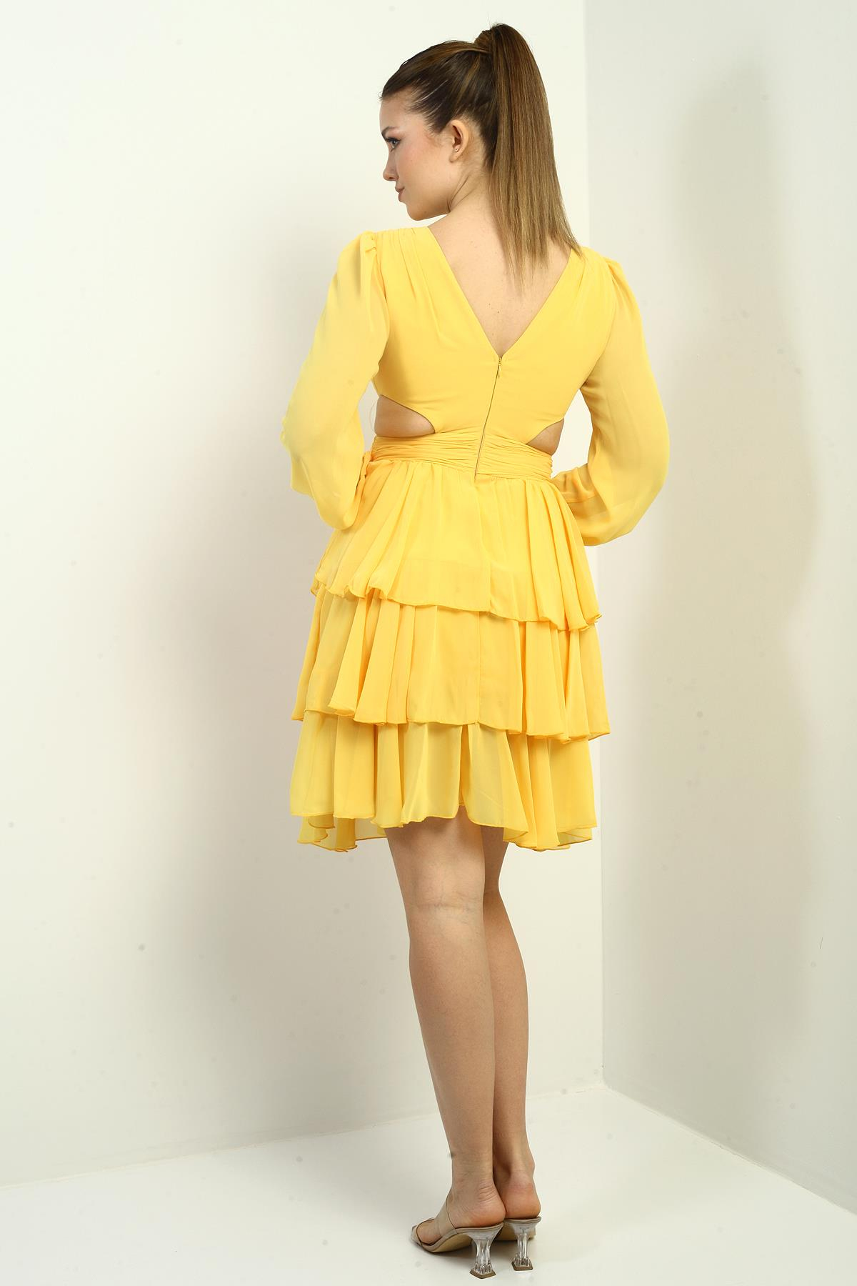 S-24Y3050016Kadın Ön Arka V Yaka Bel Dekolteli Astarlı Katlı Şifon Kısa Elbise