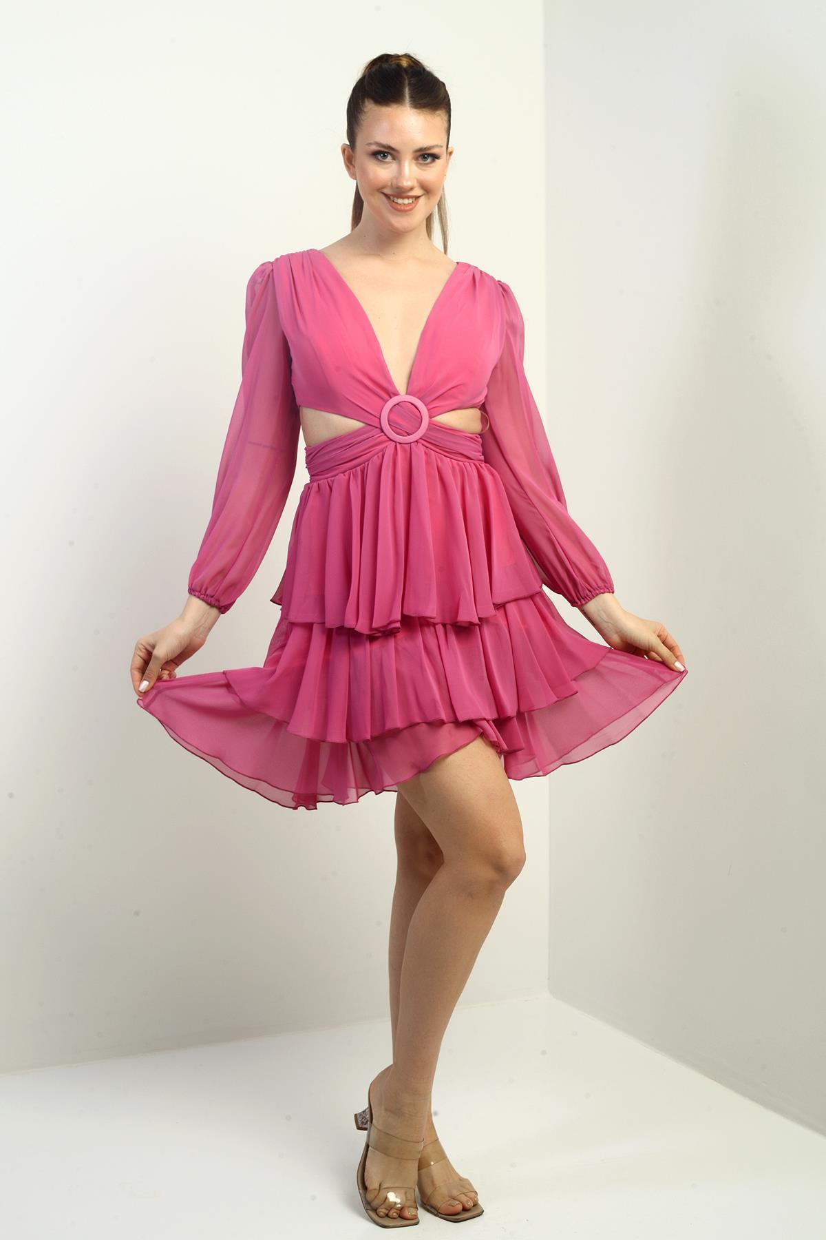 S-24Y3050016Kadın Ön Arka V Yaka Bel Dekolteli Astarlı Katlı Şifon Kısa Elbise