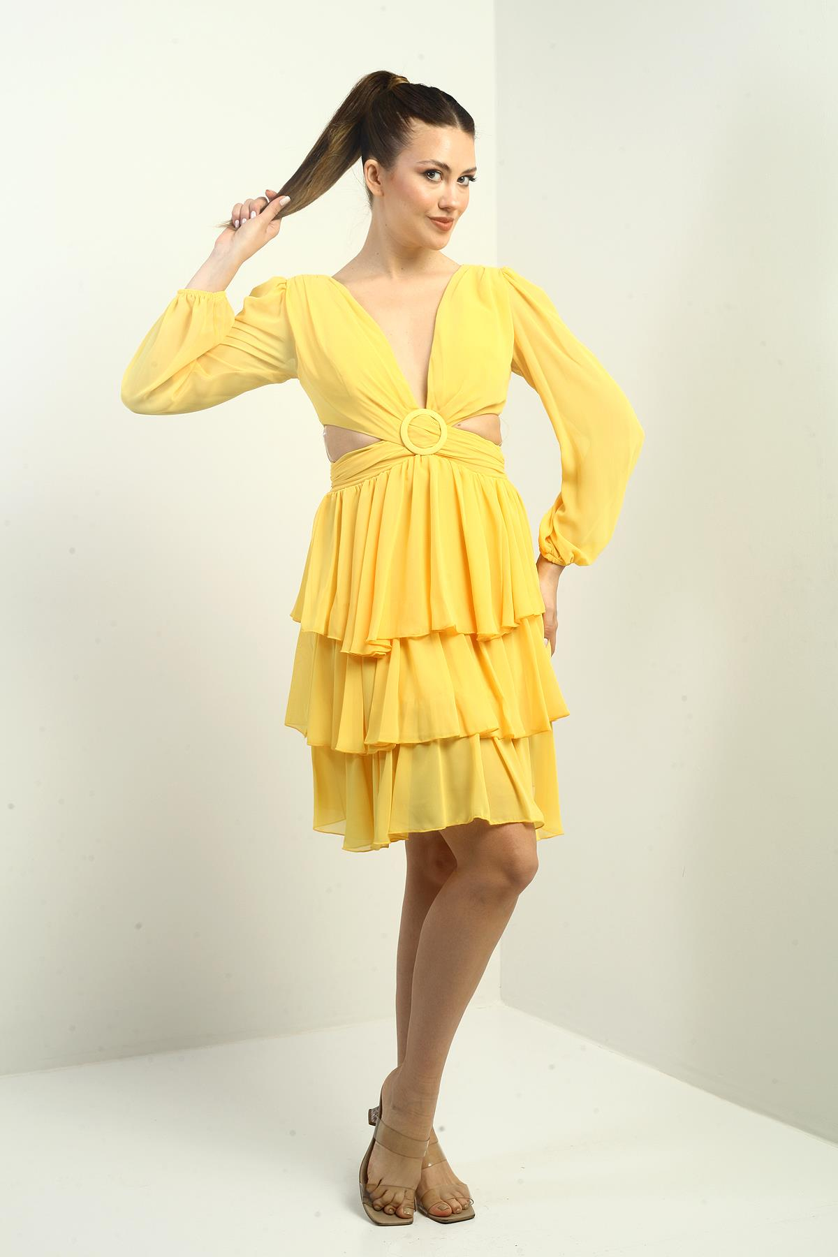 S-24Y3050016Kadın Ön Arka V Yaka Bel Dekolteli Astarlı Katlı Şifon Kısa Elbise