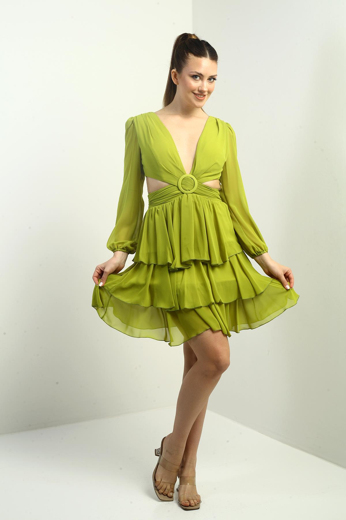 S-24Y3050016Kadın Ön Arka V Yaka Bel Dekolteli Astarlı Katlı Şifon Kısa Elbise