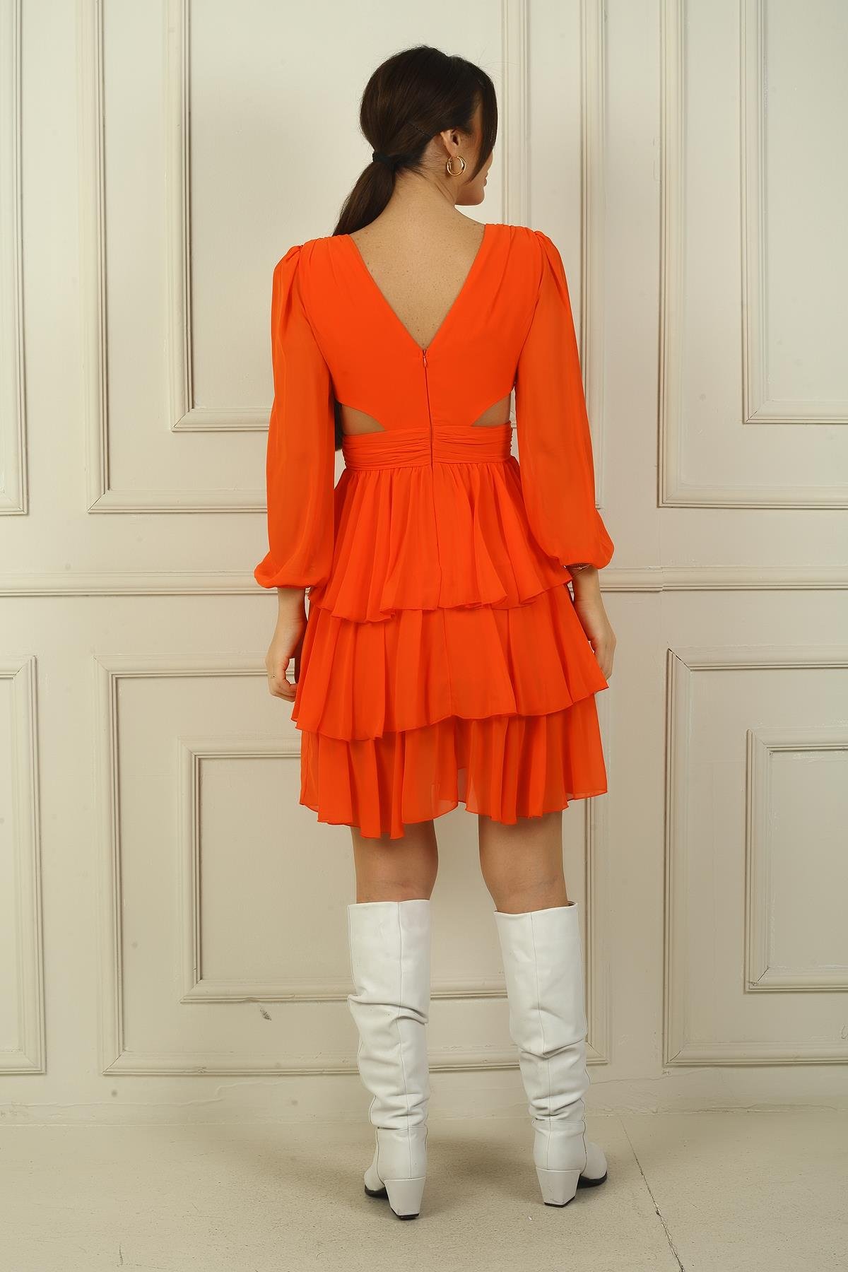 S-24Y3050016Kadın Ön Arka V Yaka Bel Dekolteli Astarlı Katlı Şifon Kısa Elbise