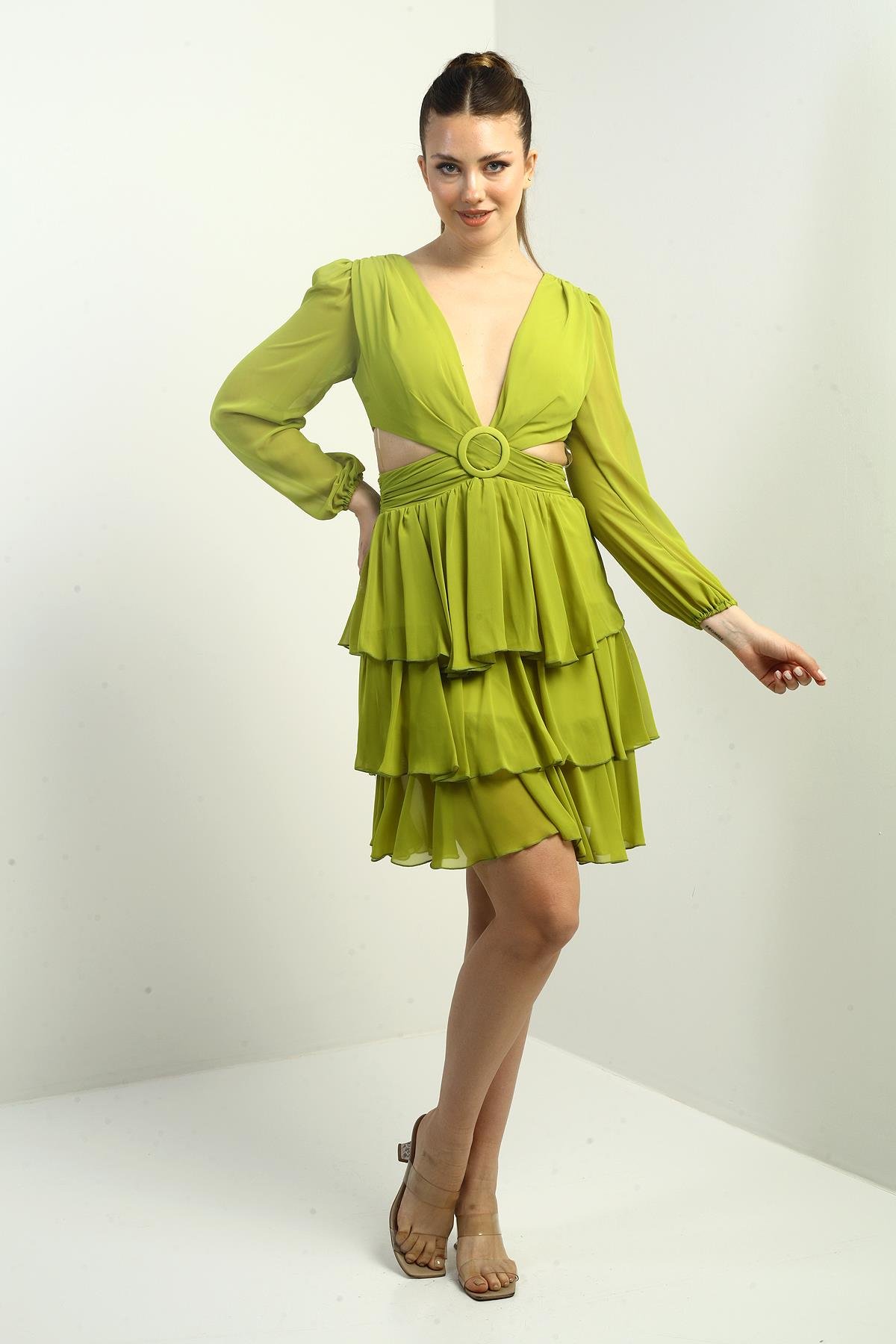 S-24Y3050016Kadın Ön Arka V Yaka Bel Dekolteli Astarlı Katlı Şifon Kısa Elbise